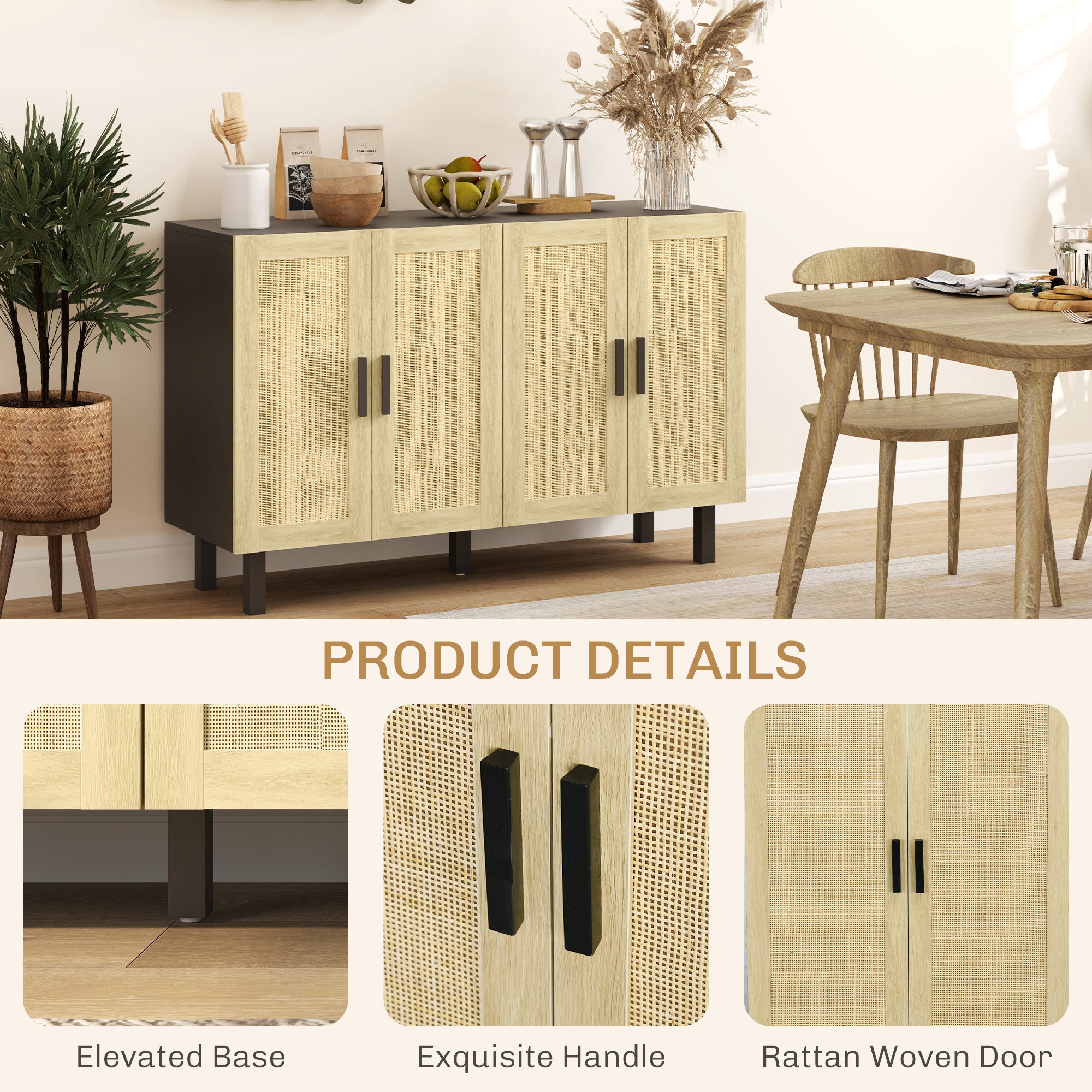 HOMCOM Sideboard Buffet Cabinet, Coffee Bar Cabinet with 4 Rattan Doors and Adjustable Shelves for Kitchen, Living Room, Black and Natural