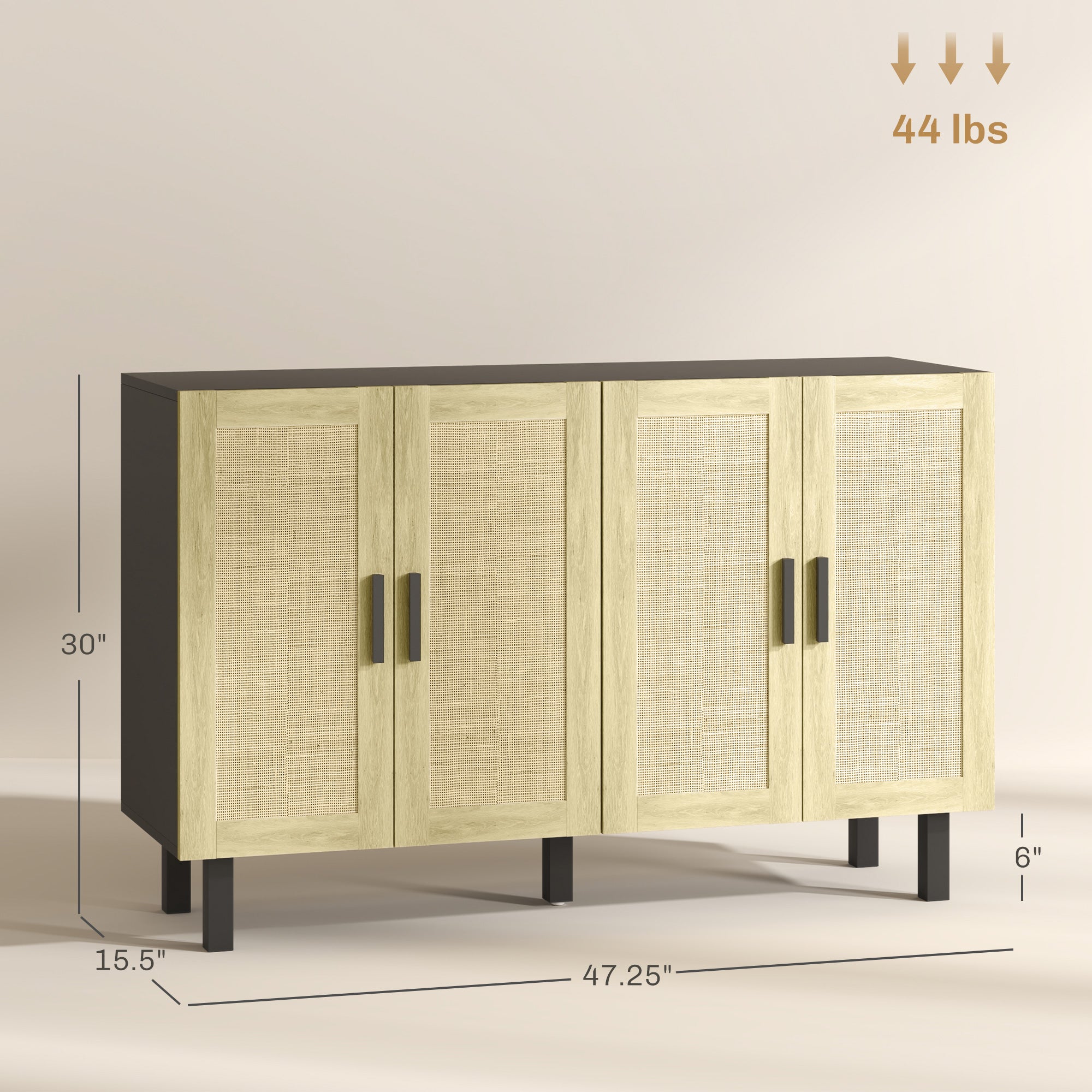 HOMCOM Sideboard Buffet Cabinet, Coffee Bar Cabinet with 4 Rattan Doors and Adjustable Shelves for Kitchen, Living Room, Black and Natural
