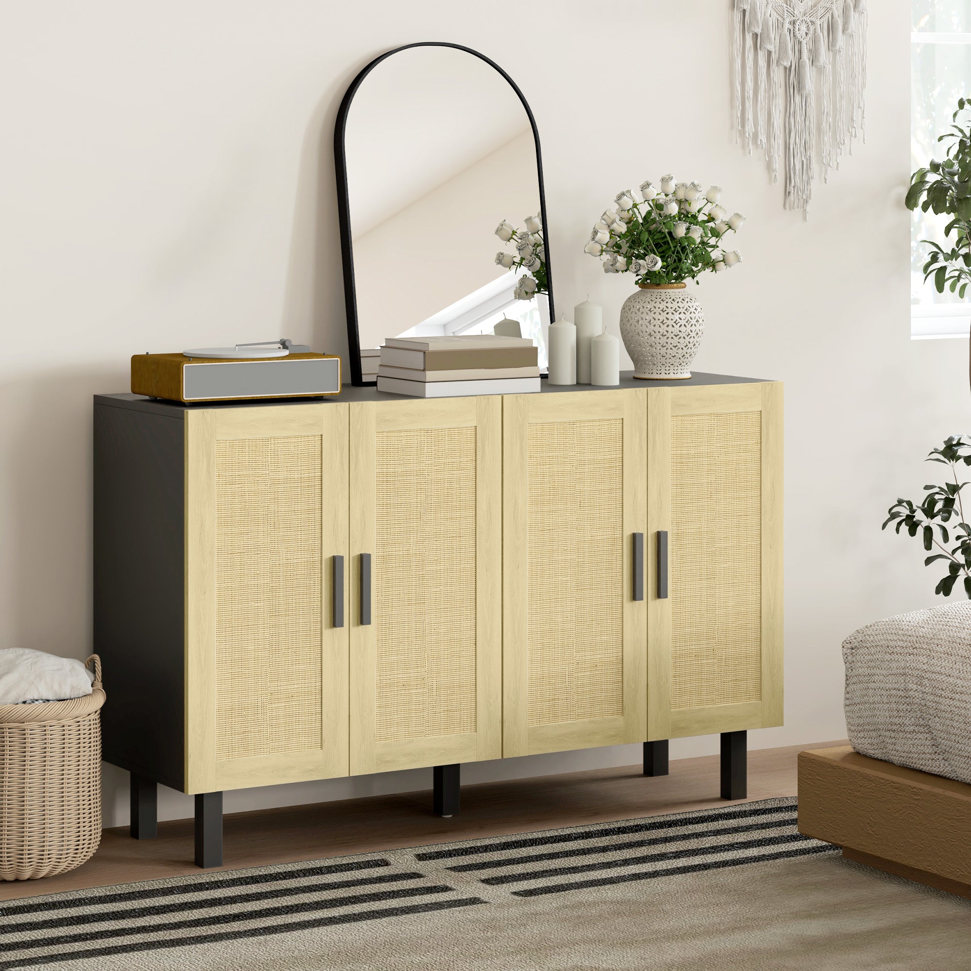 HOMCOM Sideboard Buffet Cabinet, Coffee Bar Cabinet with 4 Rattan Doors and Adjustable Shelves for Kitchen, Living Room, Black and Natural