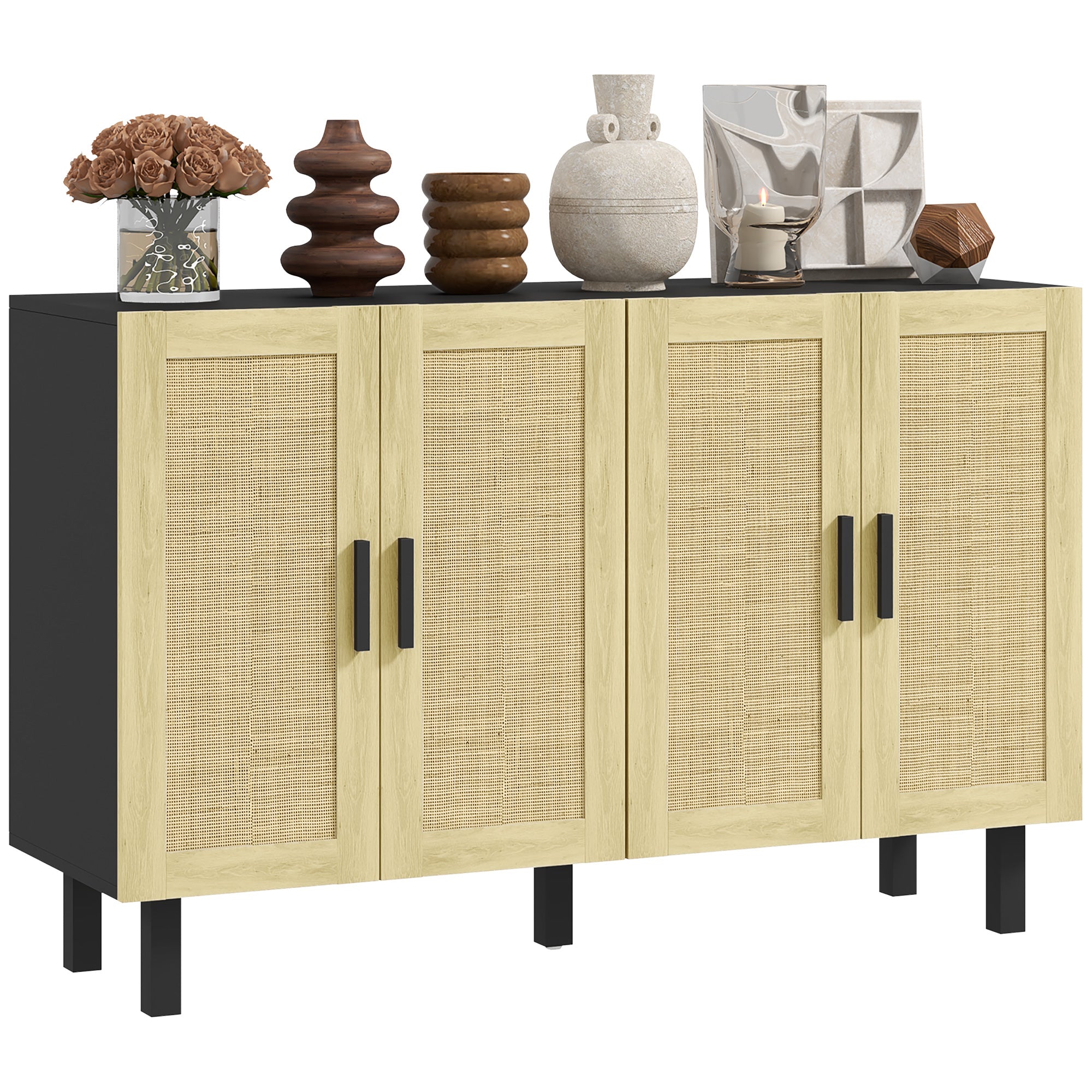 HOMCOM Sideboard Buffet Cabinet, Coffee Bar Cabinet with 4 Rattan Doors and Adjustable Shelves for Kitchen, Living Room, Black and Natural