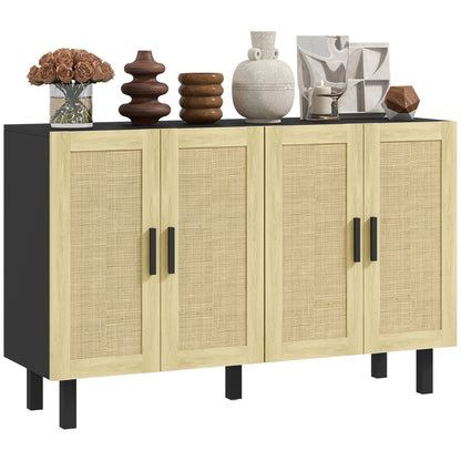 HOMCOM Sideboard Buffet Cabinet, Coffee Bar Cabinet with 4 Rattan Doors and Adjustable Shelves for Kitchen, Living Room, Black and Natural