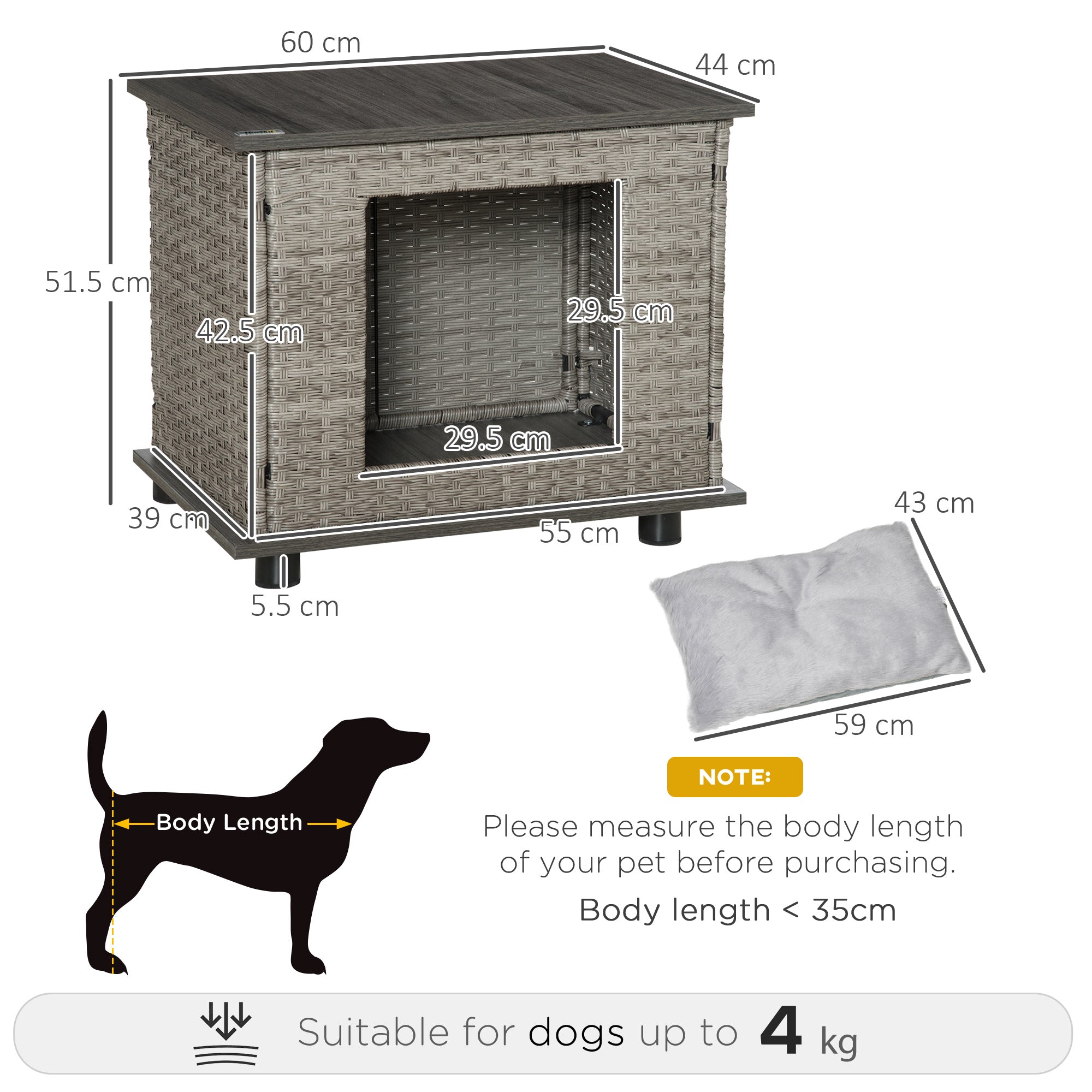PawHut Wicker Dog House, Rattan Pet Bed, Cat House, End Table Furniture, with Soft Cushion, Adjustable Feet, for X-Small Dogs Grey, 60 x 44 x 51.5 cm