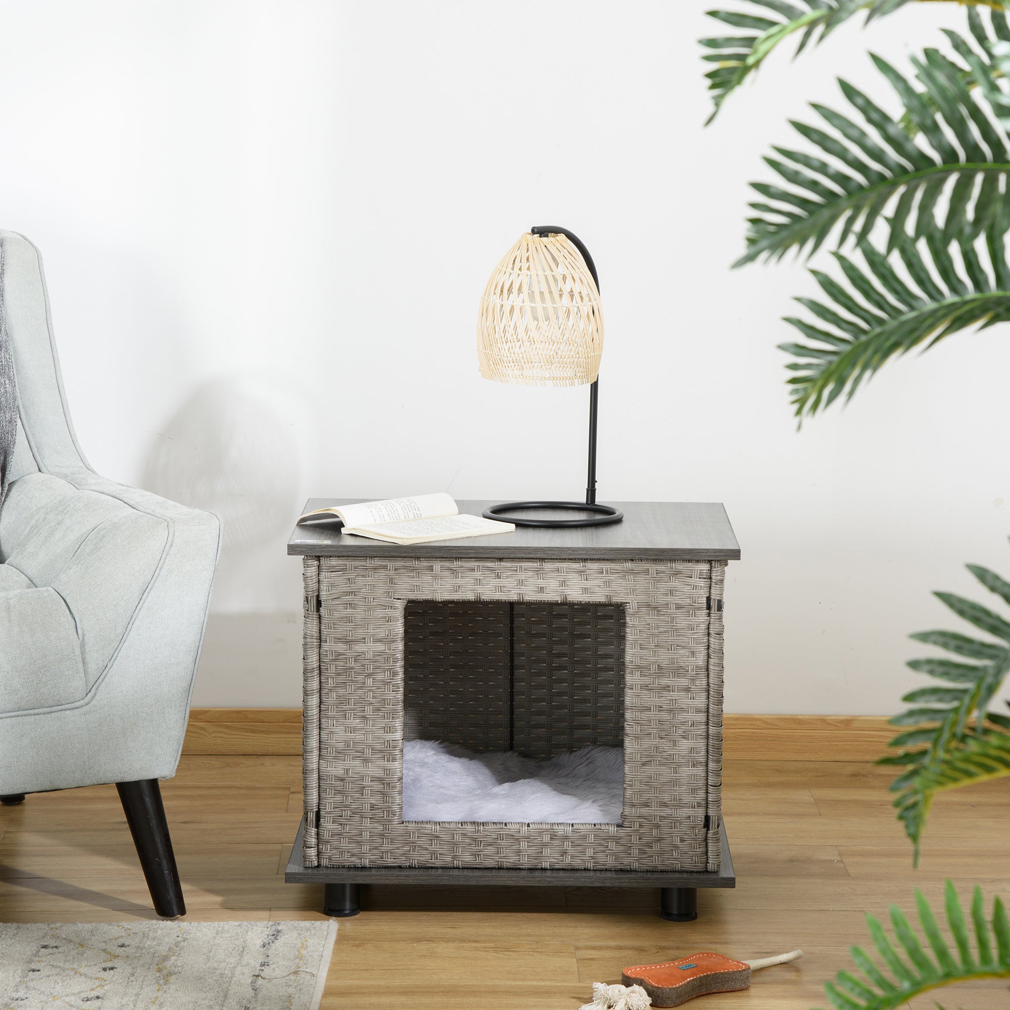 PawHut Wicker Dog House, Rattan Pet Bed, Cat House, End Table Furniture, with Soft Cushion, Adjustable Feet, for X-Small Dogs Grey, 60 x 44 x 51.5 cm
