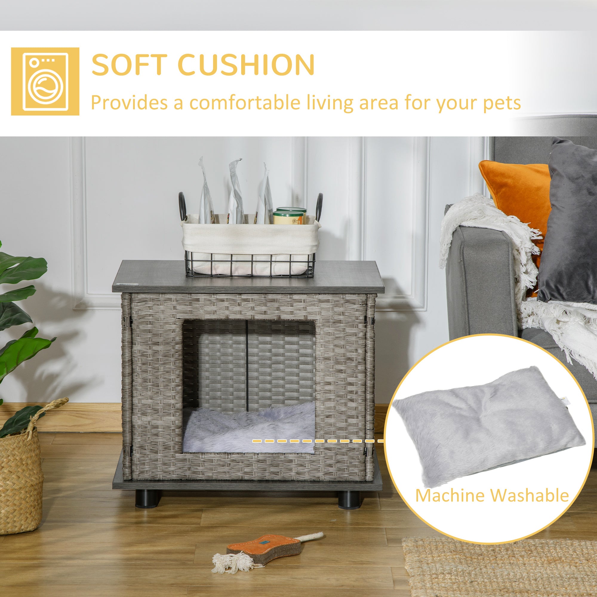 PawHut Wicker Dog House, Rattan Pet Bed, Cat House, End Table Furniture, with Soft Cushion, Adjustable Feet, for X-Small Dogs Grey, 60 x 44 x 51.5 cm