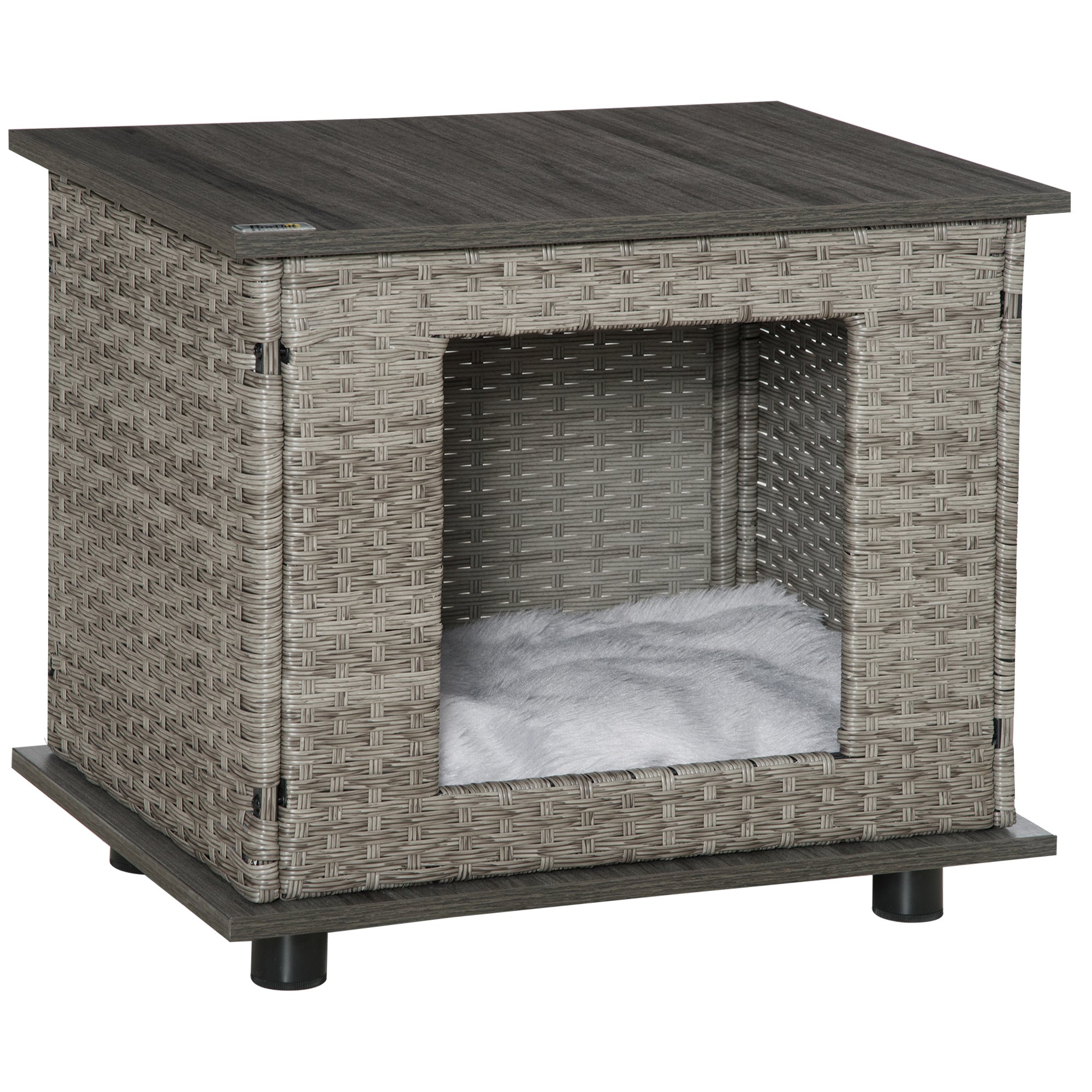 PawHut Wicker Dog House, Rattan Pet Bed, Cat House, End Table Furniture, with Soft Cushion, Adjustable Feet, for X-Small Dogs Grey, 60 x 44 x 51.5 cm