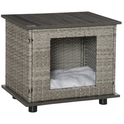 PawHut Wicker Dog House, Rattan Pet Bed, Cat House, End Table Furniture, with Soft Cushion, Adjustable Feet, for X-Small Dogs Grey, 60 x 44 x 51.5 cm