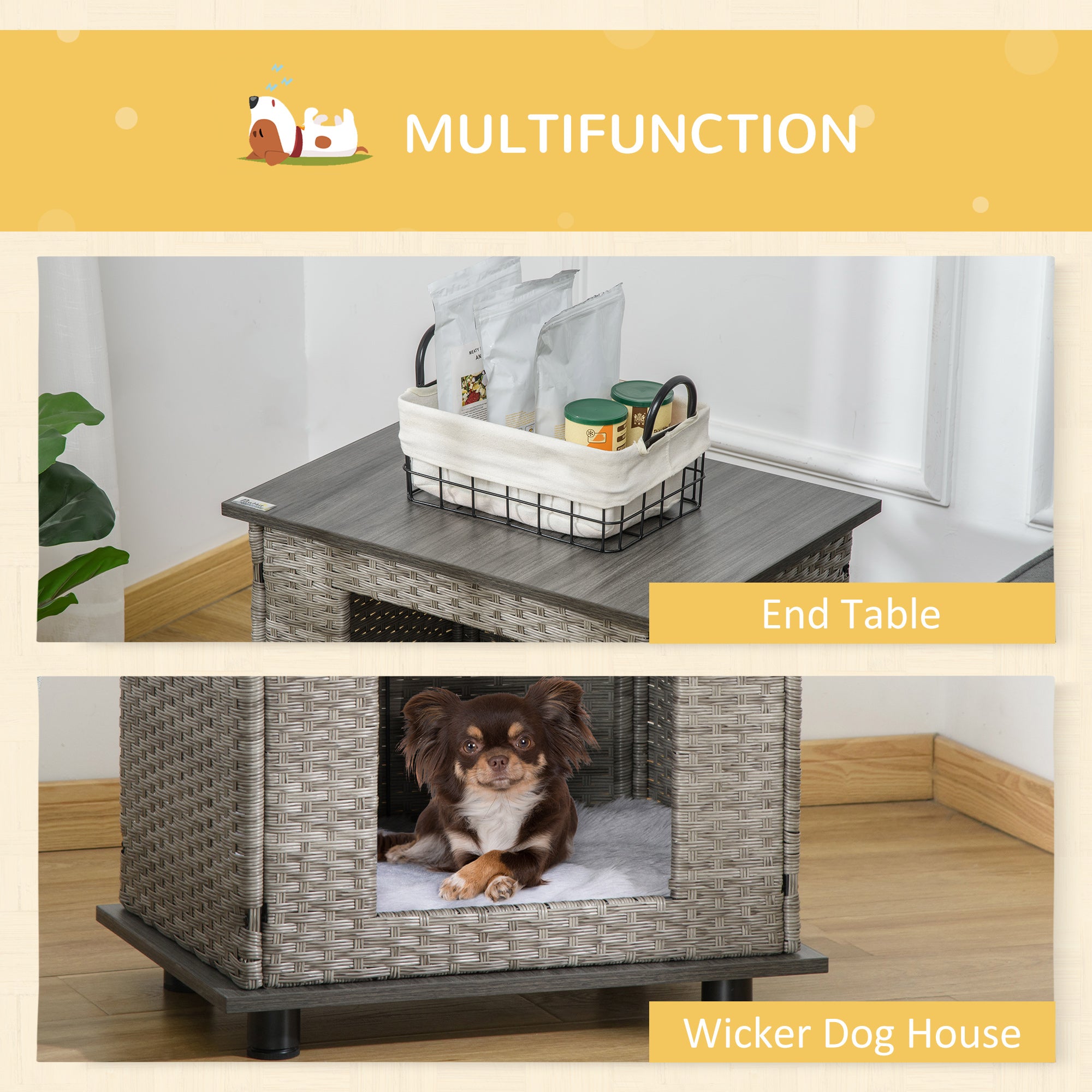PawHut Wicker Dog House, Rattan Pet Bed, Cat House, End Table Furniture, with Soft Cushion, Adjustable Feet, for X-Small Dogs Grey, 60 x 44 x 51.5 cm