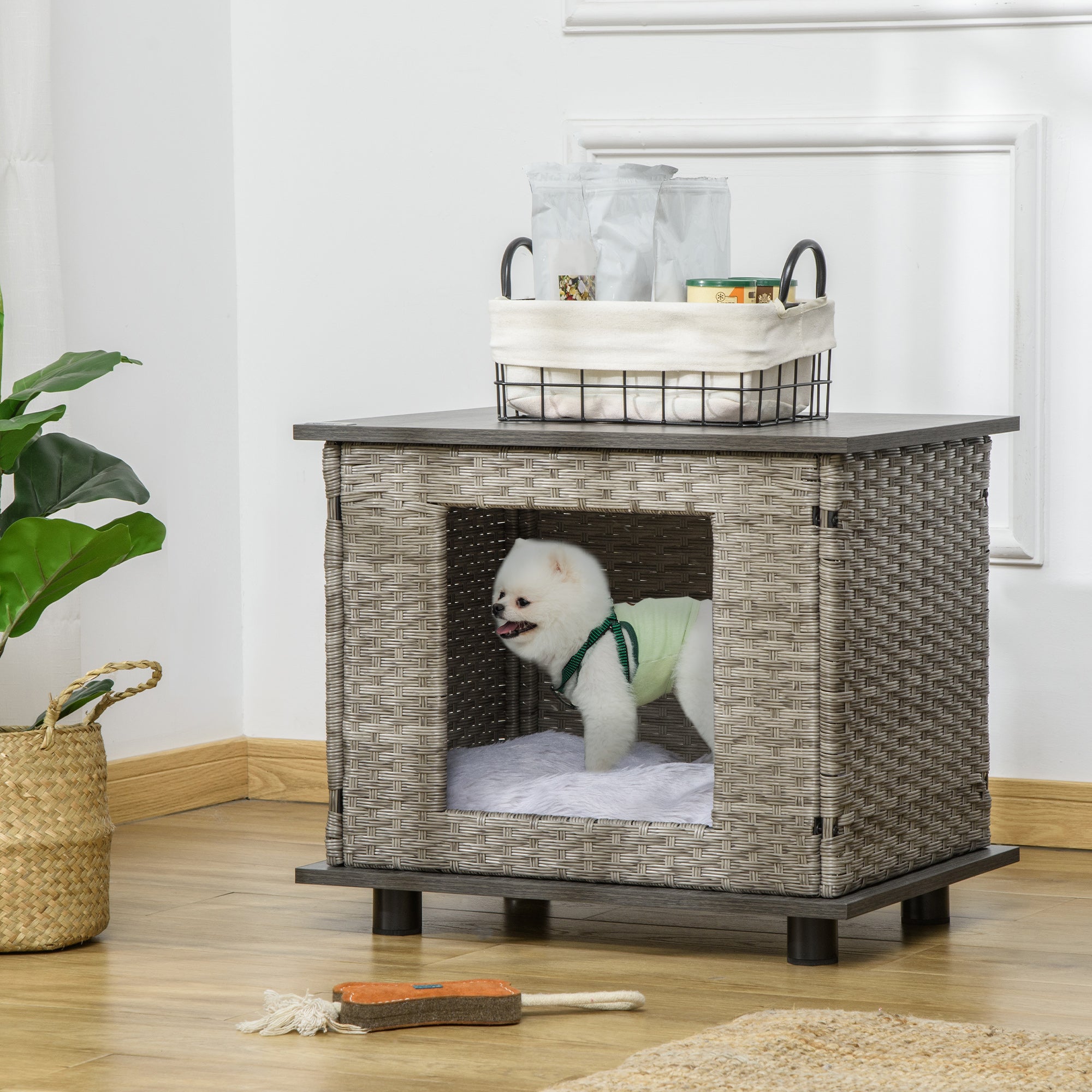 PawHut Wicker Dog House, Rattan Pet Bed, Cat House, End Table Furniture, with Soft Cushion, Adjustable Feet, for X-Small Dogs Grey, 60 x 44 x 51.5 cm