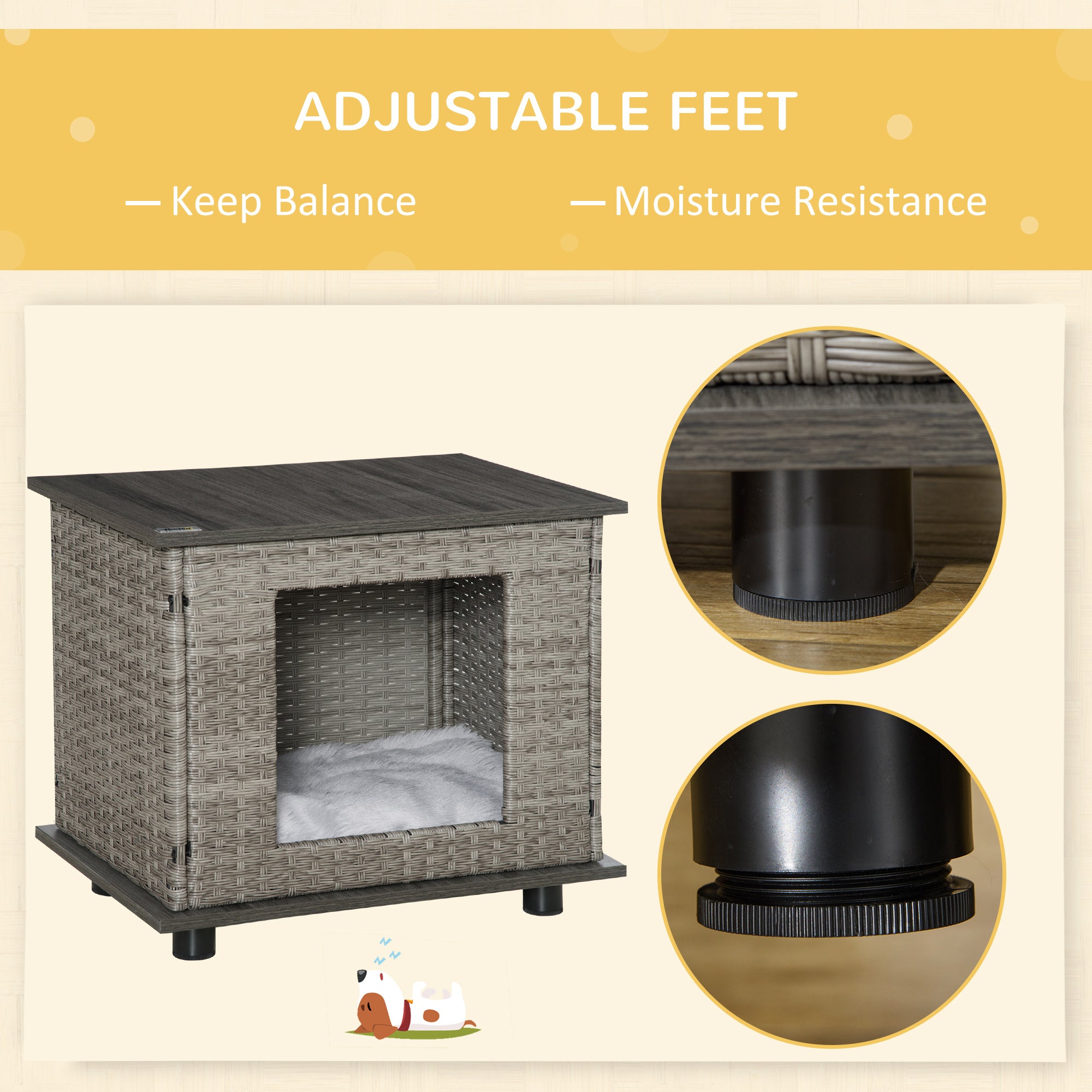 PawHut Wicker Dog House, Rattan Pet Bed, Cat House, End Table Furniture, with Soft Cushion, Adjustable Feet, for X-Small Dogs Grey, 60 x 44 x 51.5 cm