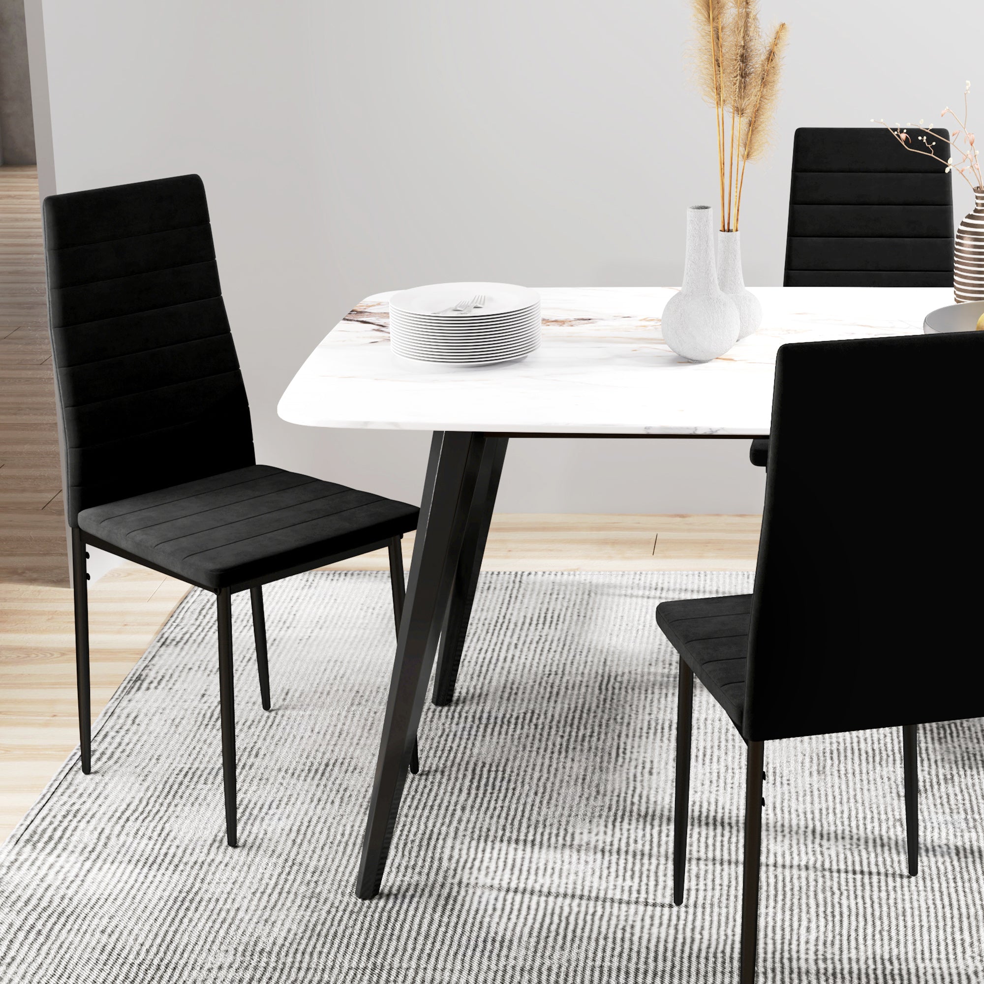 HOMCOM Modern Dining Chairs Set of 4, Upholstered Velvet Fabric Kitchen Chairs with Channel Tufting and Metal Legs for Living Room, Dining Room, Bedroom, Black