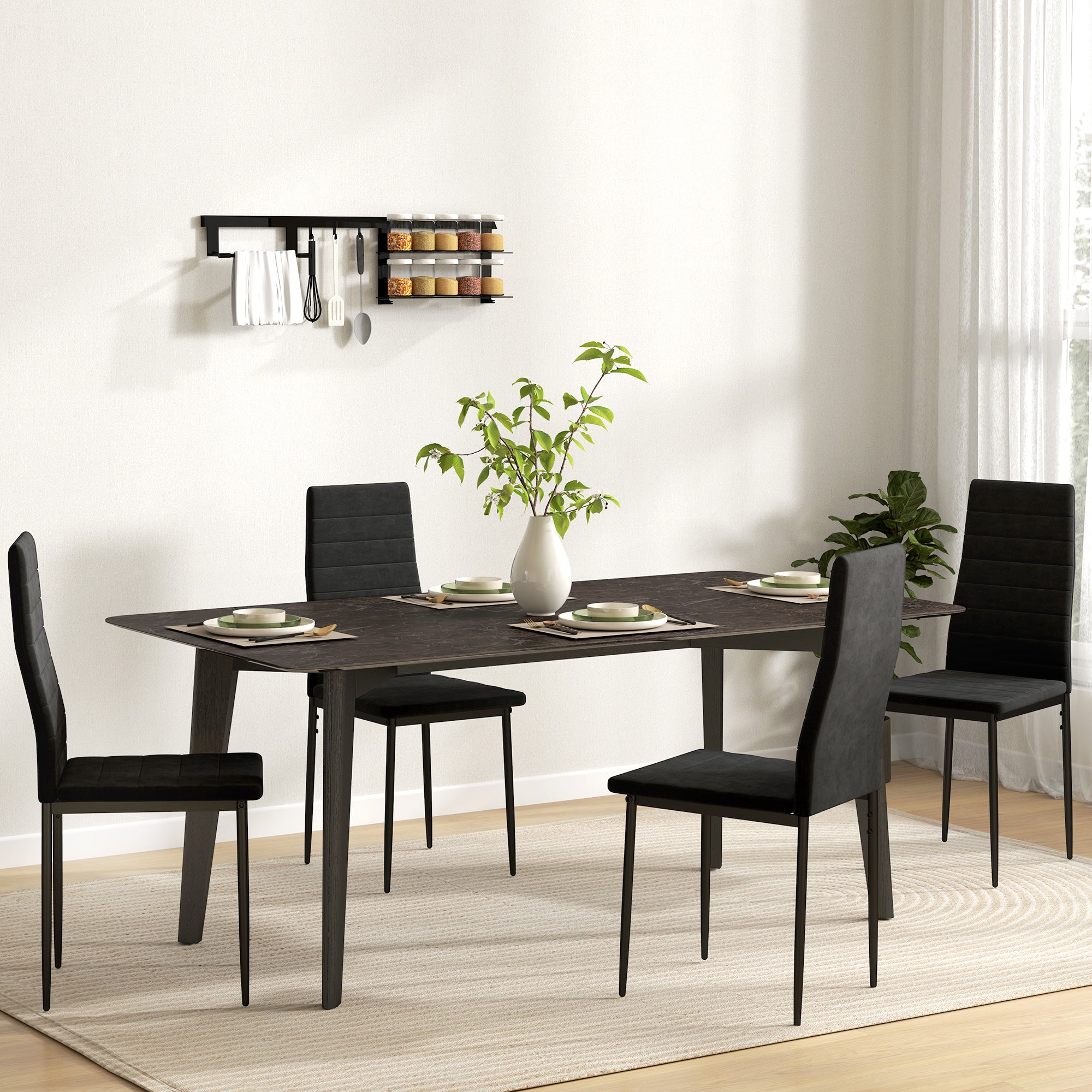 HOMCOM Modern Dining Chairs Set of 4, Upholstered Velvet Fabric Kitchen Chairs with Channel Tufting and Metal Legs for Living Room, Dining Room, Bedroom, Black