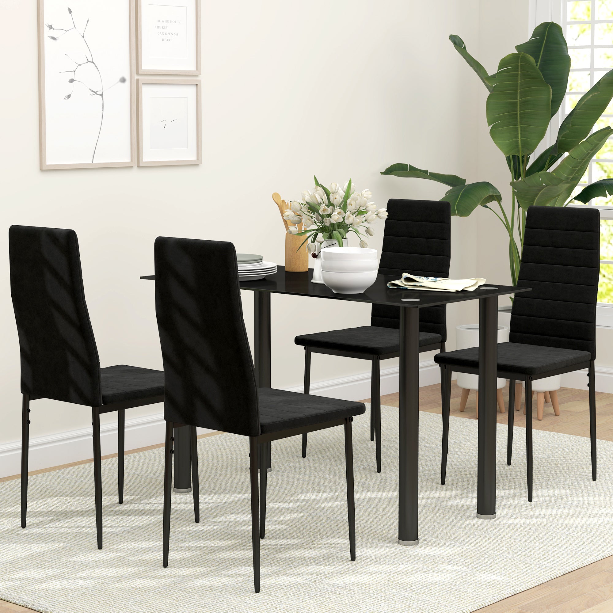 HOMCOM Modern Dining Chairs Set of 4, Upholstered Velvet Fabric Kitchen Chairs with Channel Tufting and Metal Legs for Living Room, Dining Room, Bedroom, Black