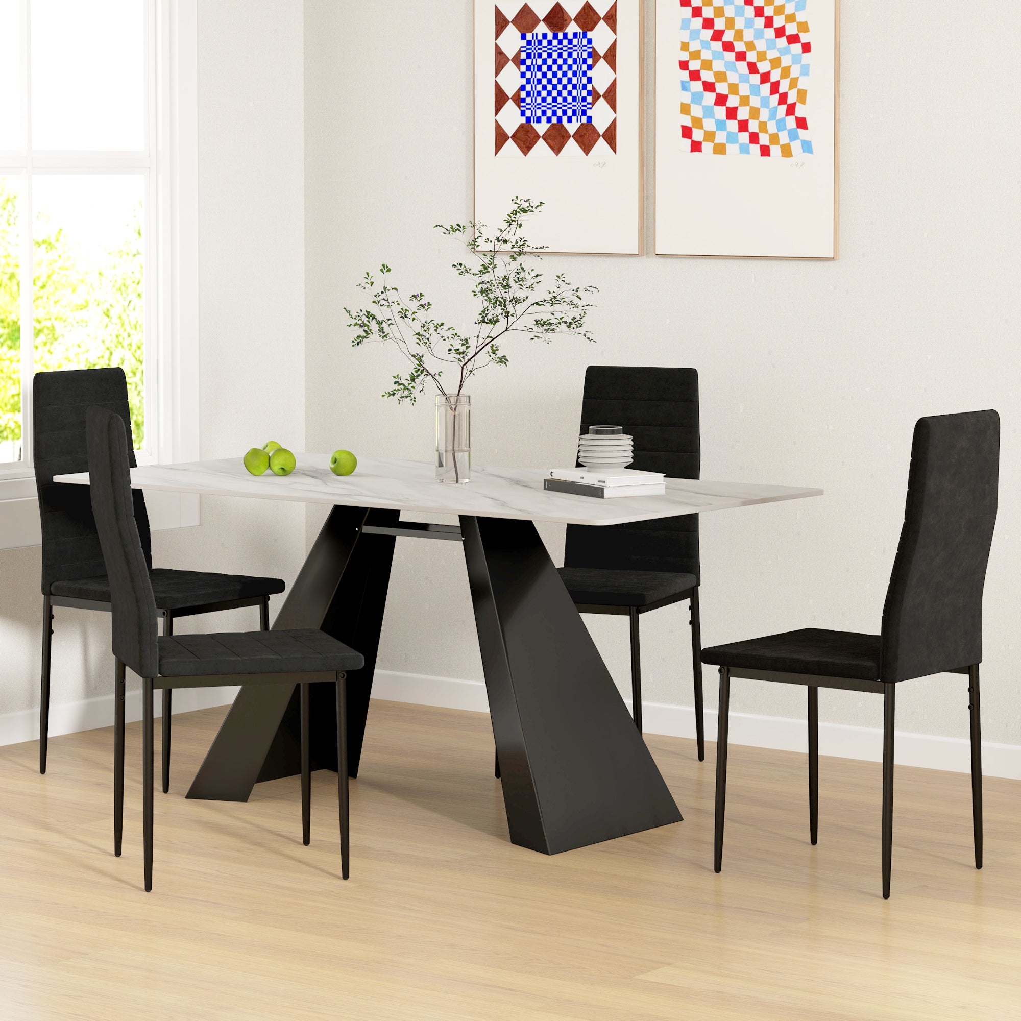 HOMCOM Modern Dining Chairs Set of 4, Upholstered Velvet Fabric Kitchen Chairs with Channel Tufting and Metal Legs for Living Room, Dining Room, Bedroom, Black