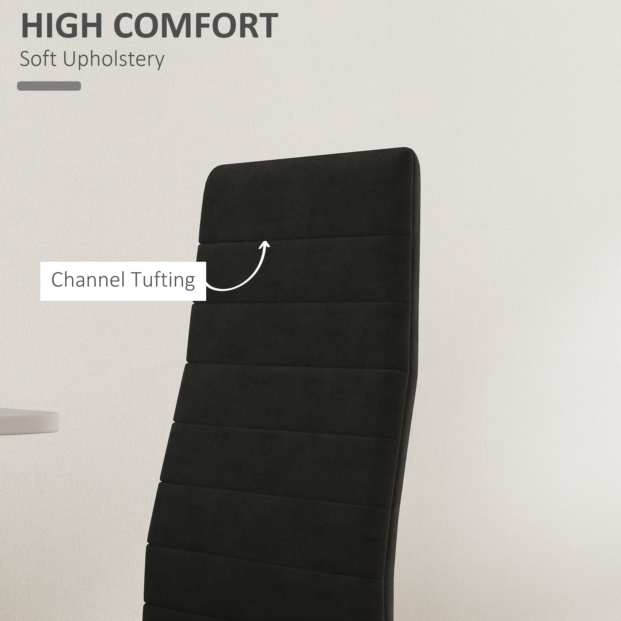 HOMCOM Modern Dining Chairs Set of 4, Upholstered Velvet Fabric Kitchen Chairs with Channel Tufting and Metal Legs for Living Room, Dining Room, Bedroom, Black