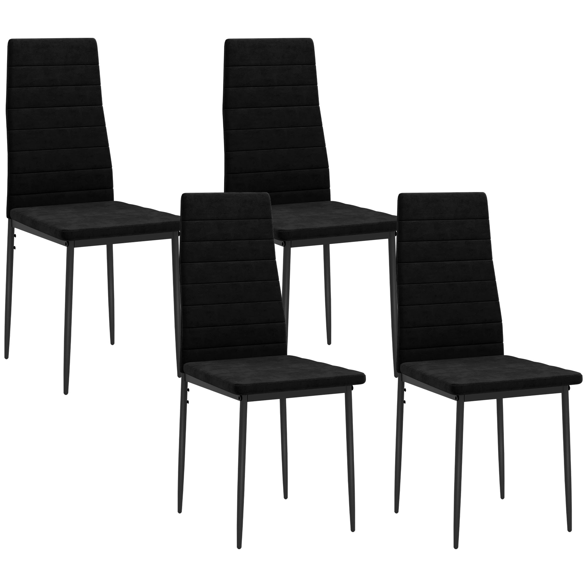 HOMCOM Modern Dining Chairs Set of 4, Upholstered Velvet Fabric Kitchen Chairs with Channel Tufting and Metal Legs for Living Room, Dining Room, Bedroom, Black