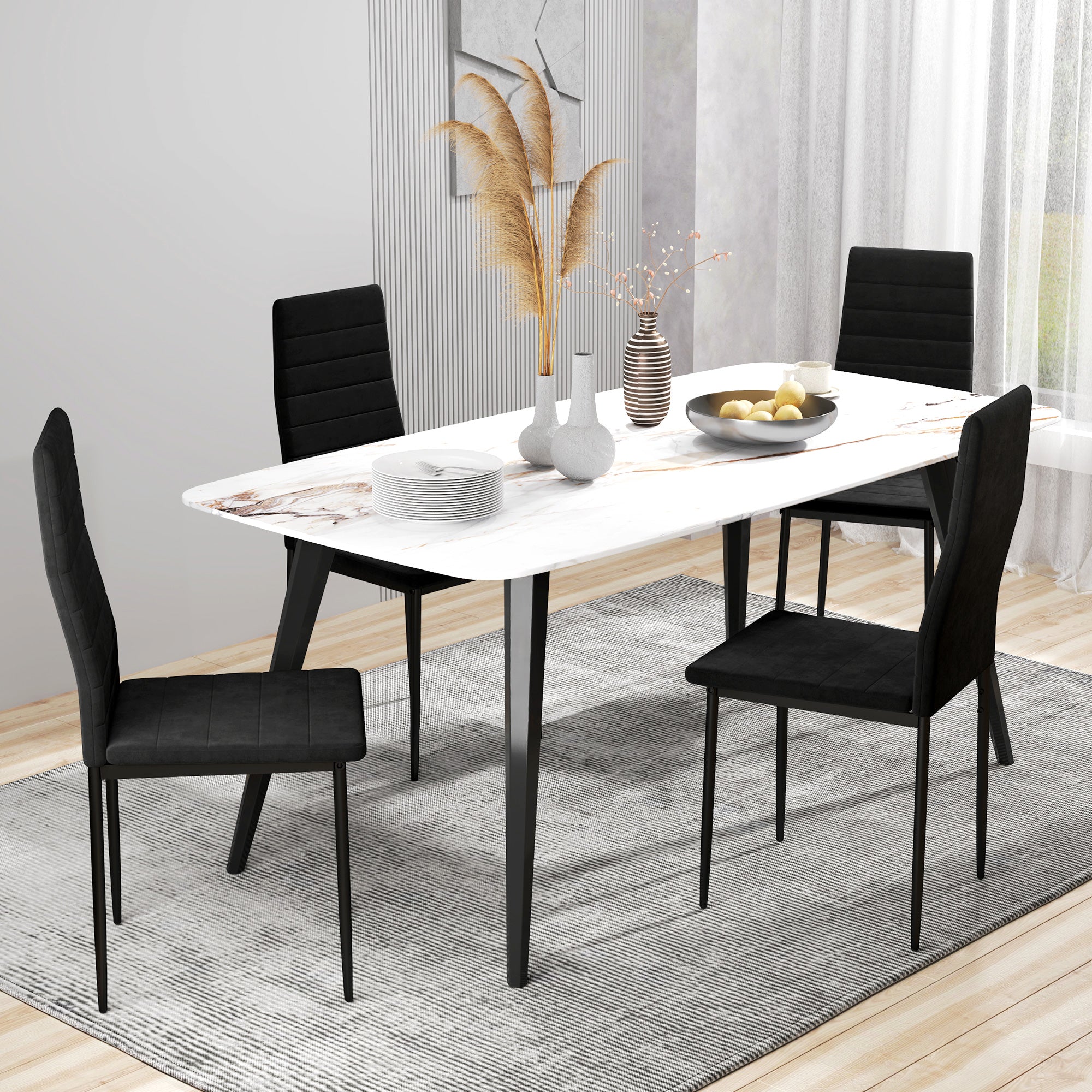 HOMCOM Modern Dining Chairs Set of 4, Upholstered Velvet Fabric Kitchen Chairs with Channel Tufting and Metal Legs for Living Room, Dining Room, Bedroom, Black
