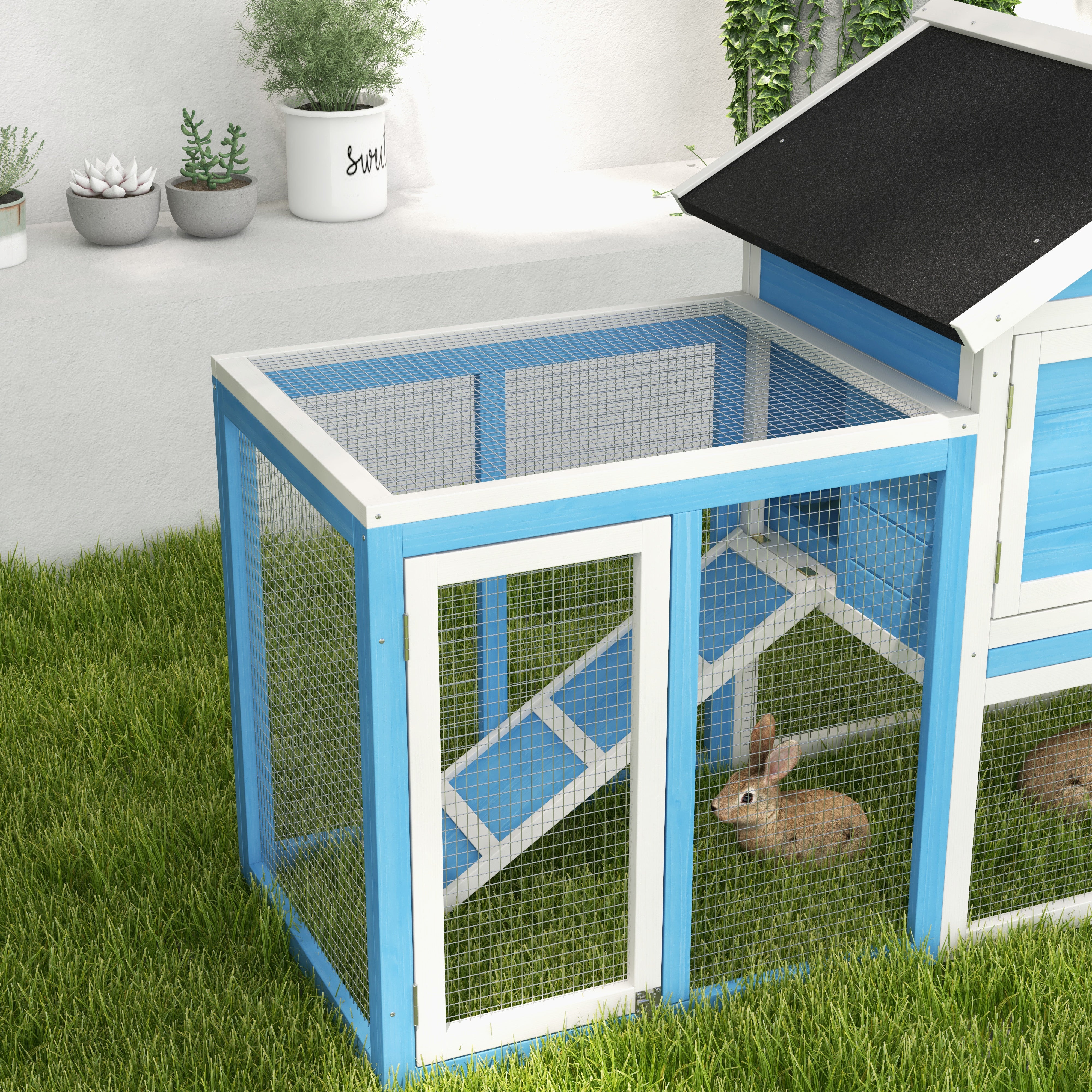 PawHut 48" Weatherproof Wooden Rabbit Hutch With Slant Roof And Screened Outdoor Run, Light Blue