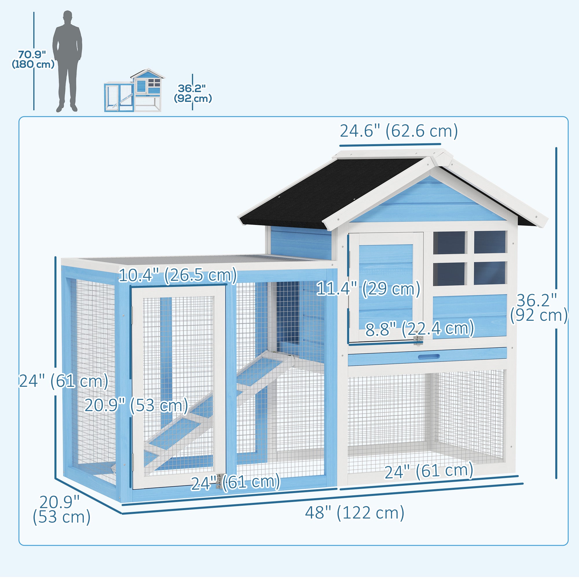 PawHut 48" Weatherproof Wooden Rabbit Hutch With Slant Roof And Screened Outdoor Run, Light Blue