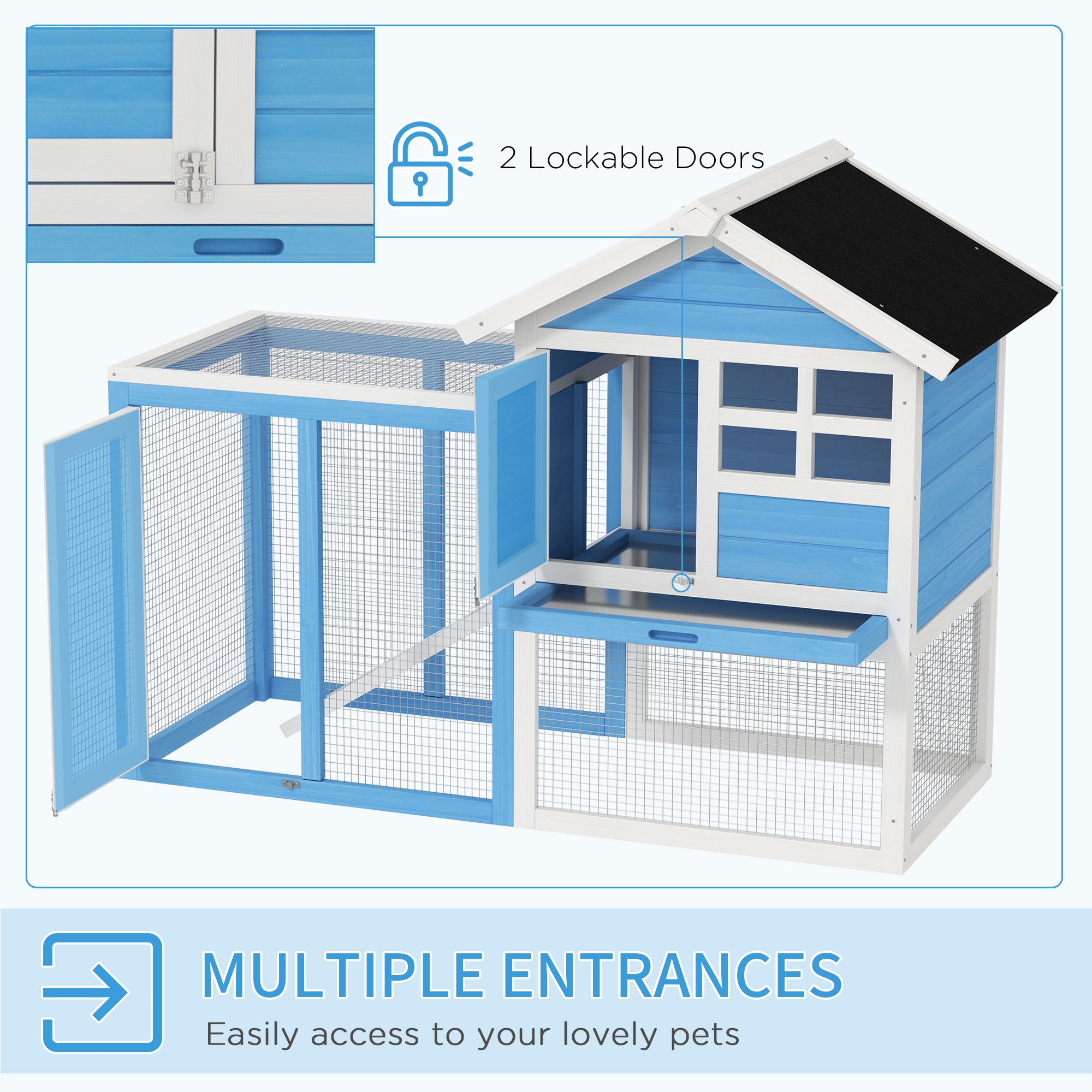 PawHut 48" Weatherproof Wooden Rabbit Hutch With Slant Roof And Screened Outdoor Run, Light Blue