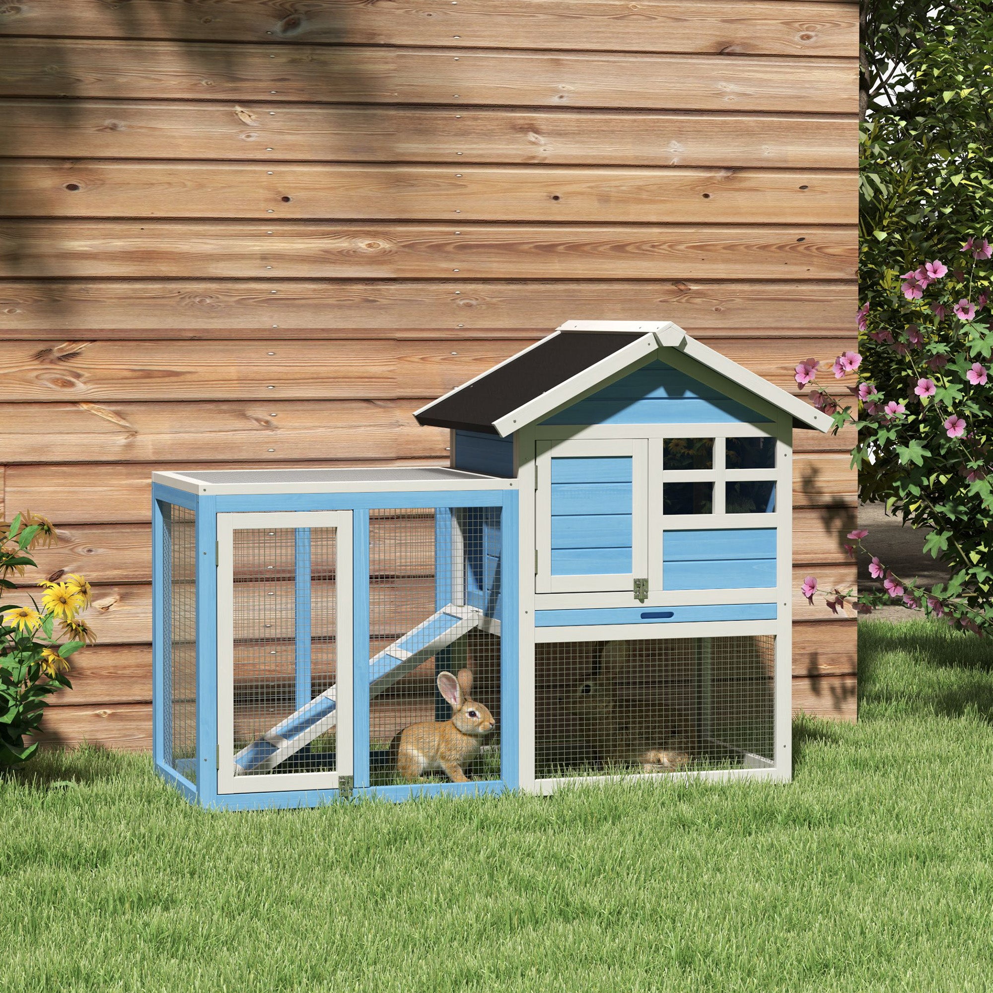 PawHut 48" Weatherproof Wooden Rabbit Hutch With Slant Roof And Screened Outdoor Run, Light Blue