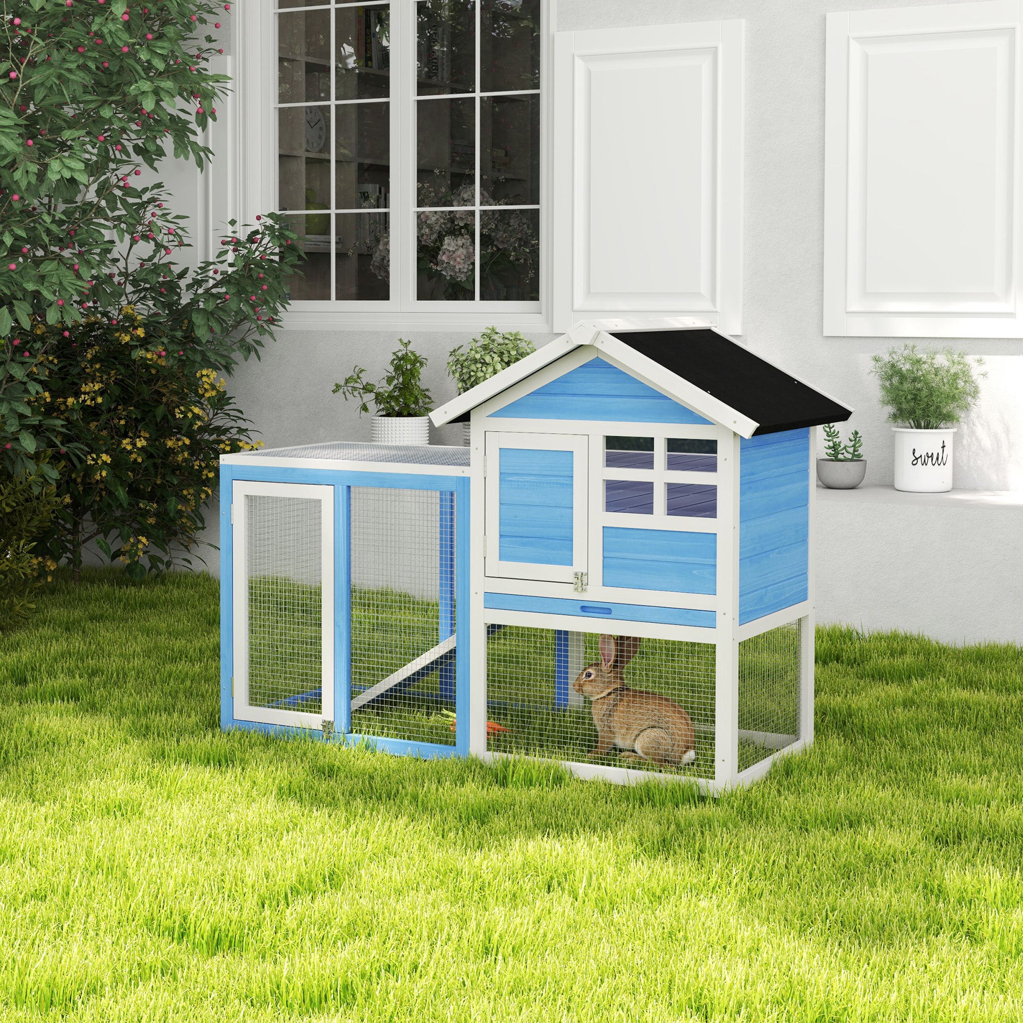 PawHut 48" Weatherproof Wooden Rabbit Hutch With Slant Roof And Screened Outdoor Run, Light Blue