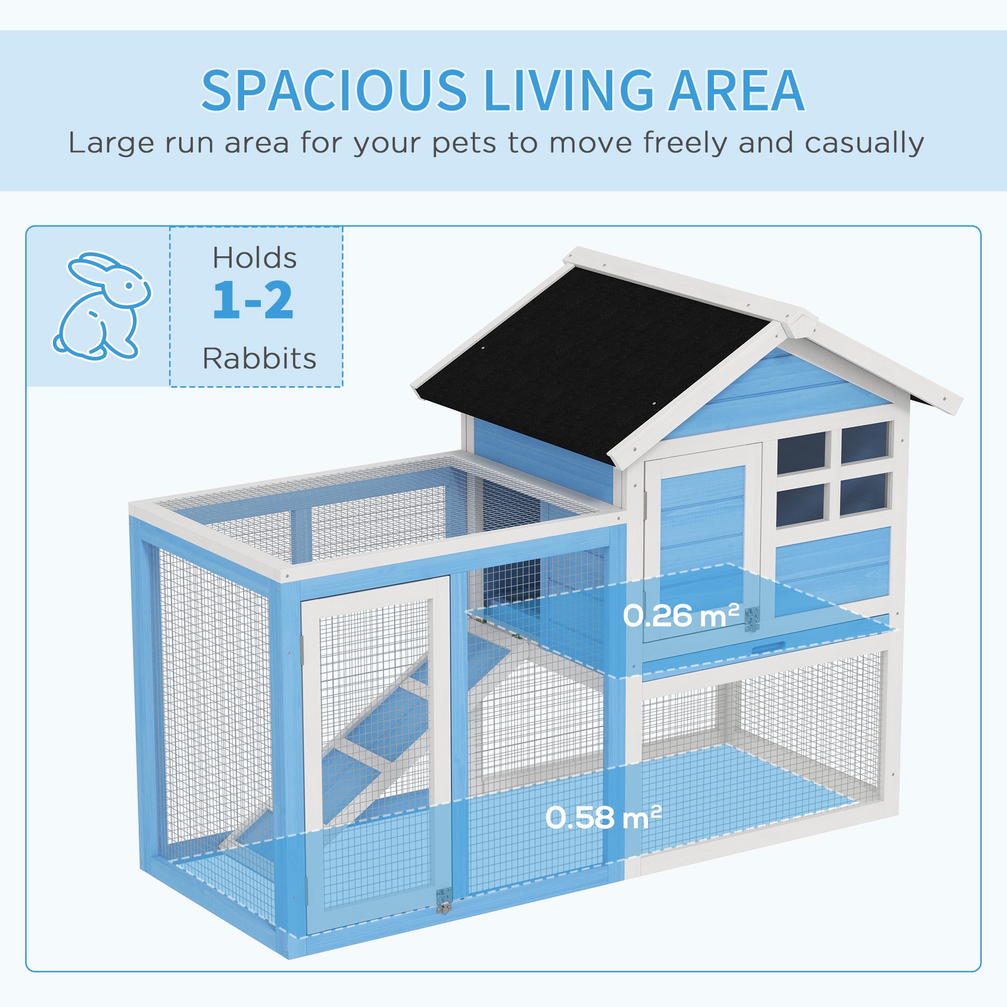 PawHut 48" Weatherproof Wooden Rabbit Hutch With Slant Roof And Screened Outdoor Run, Light Blue