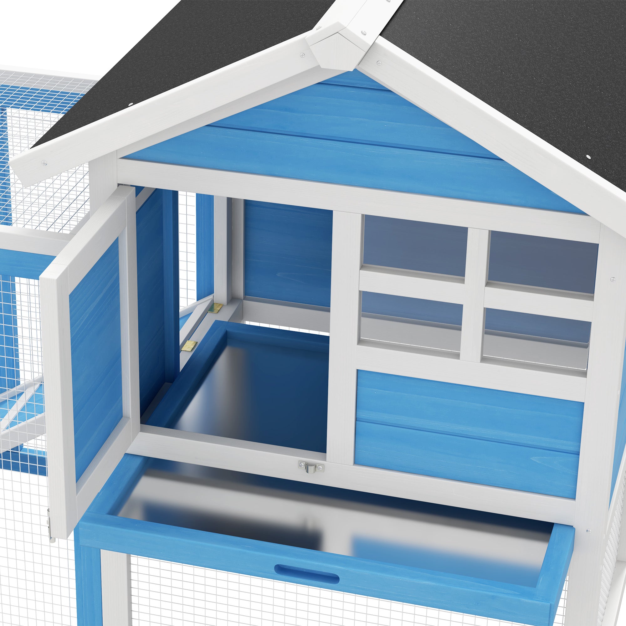 PawHut 48" Weatherproof Wooden Rabbit Hutch With Slant Roof And Screened Outdoor Run, Light Blue