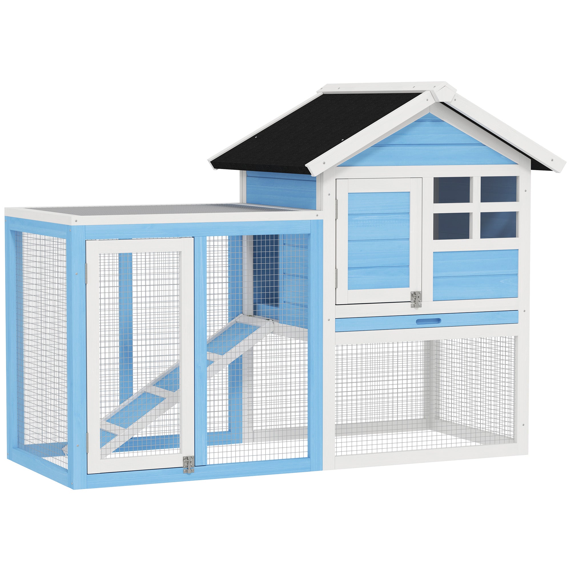 PawHut 48" Weatherproof Wooden Rabbit Hutch With Slant Roof And Screened Outdoor Run, Light Blue