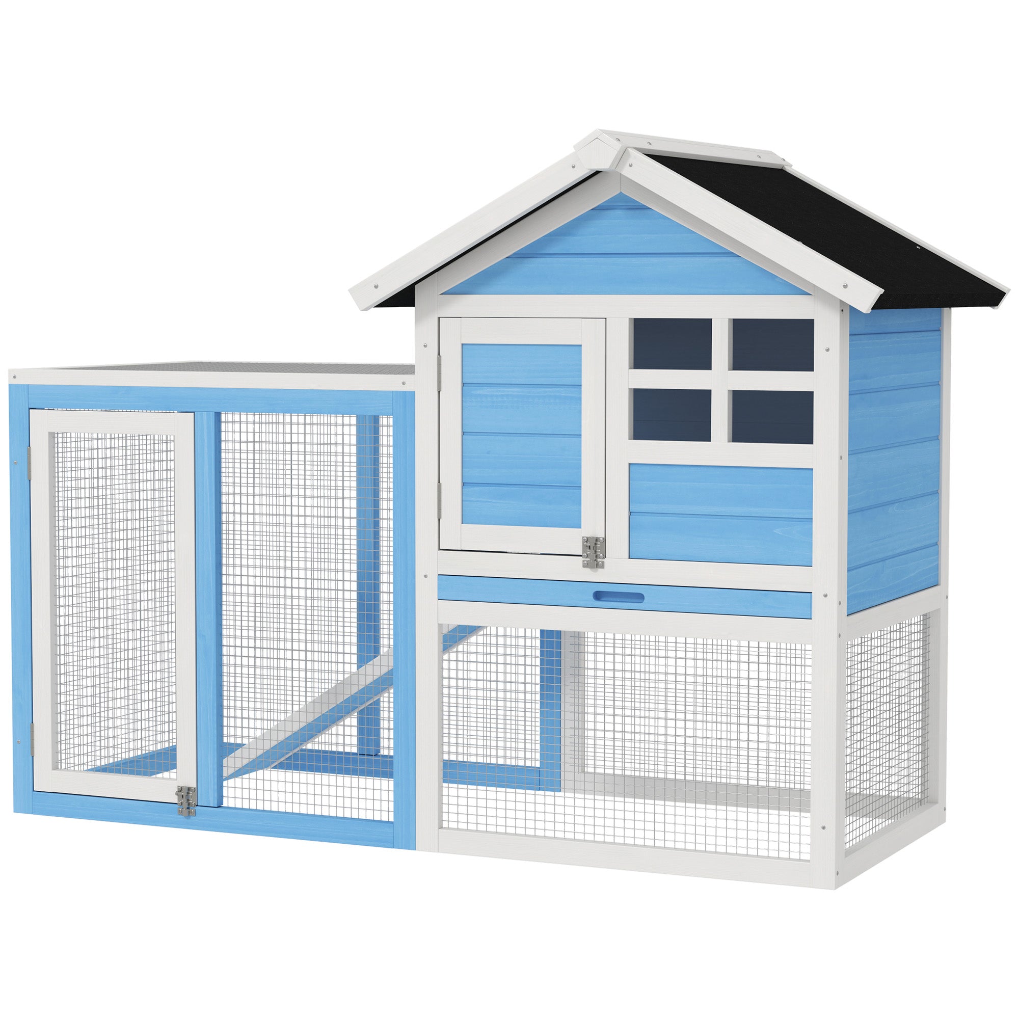 PawHut 48" Weatherproof Wooden Rabbit Hutch With Slant Roof And Screened Outdoor Run, Light Blue