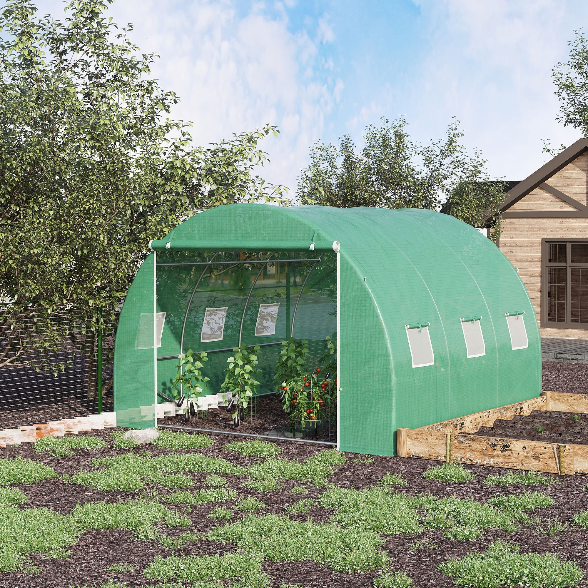 Outsunny 10' x 10' x 6.5' Walk-in Tunnel Hoop Greenhouse, Polyethylene PE Cover, Steel Frame, Roll-Up Zipper Door & Windows for Flowers, Vegetables, Tropical Plants, Green