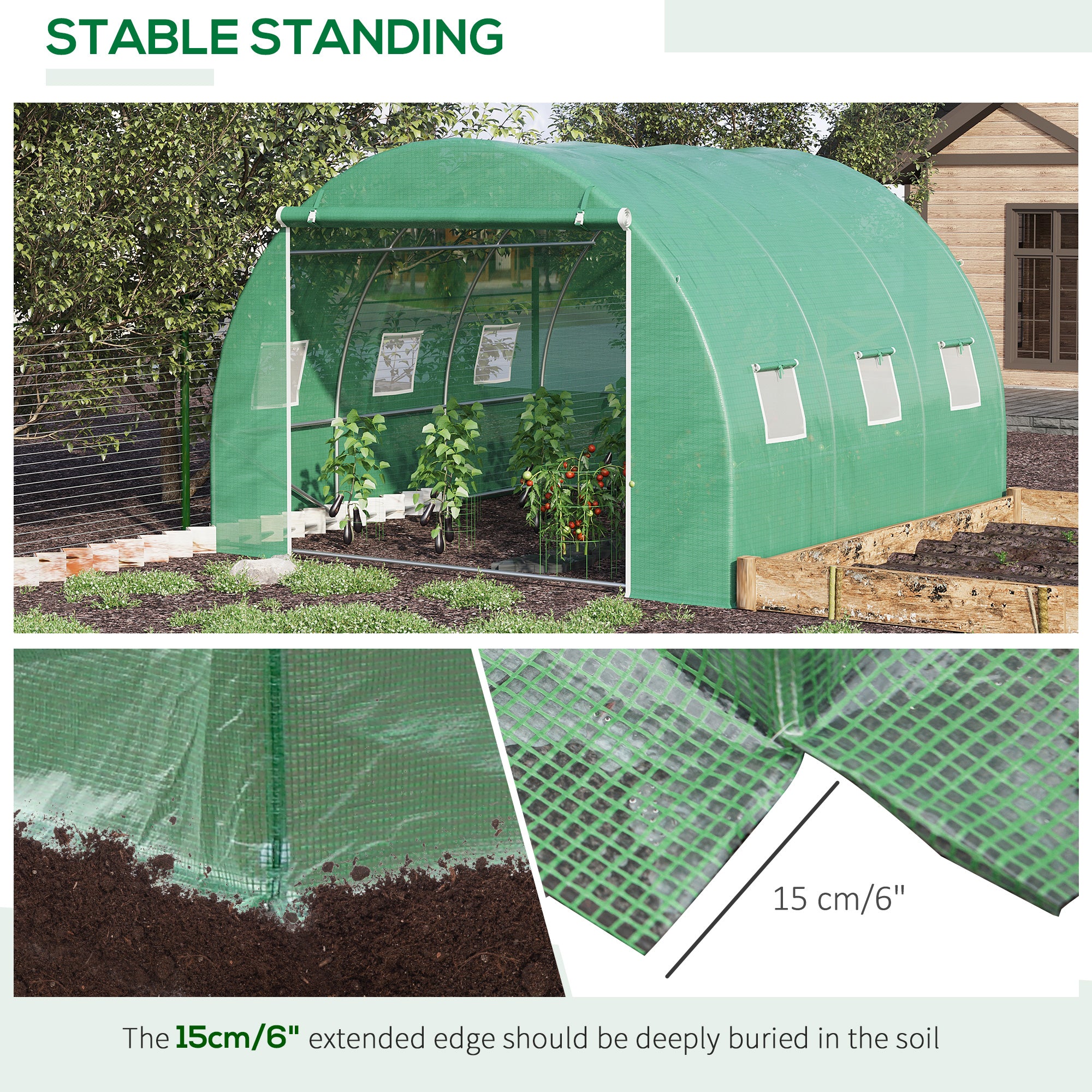 Outsunny 10' x 10' x 6.5' Walk-in Tunnel Hoop Greenhouse, Polyethylene PE Cover, Steel Frame, Roll-Up Zipper Door & Windows for Flowers, Vegetables, Tropical Plants, Green
