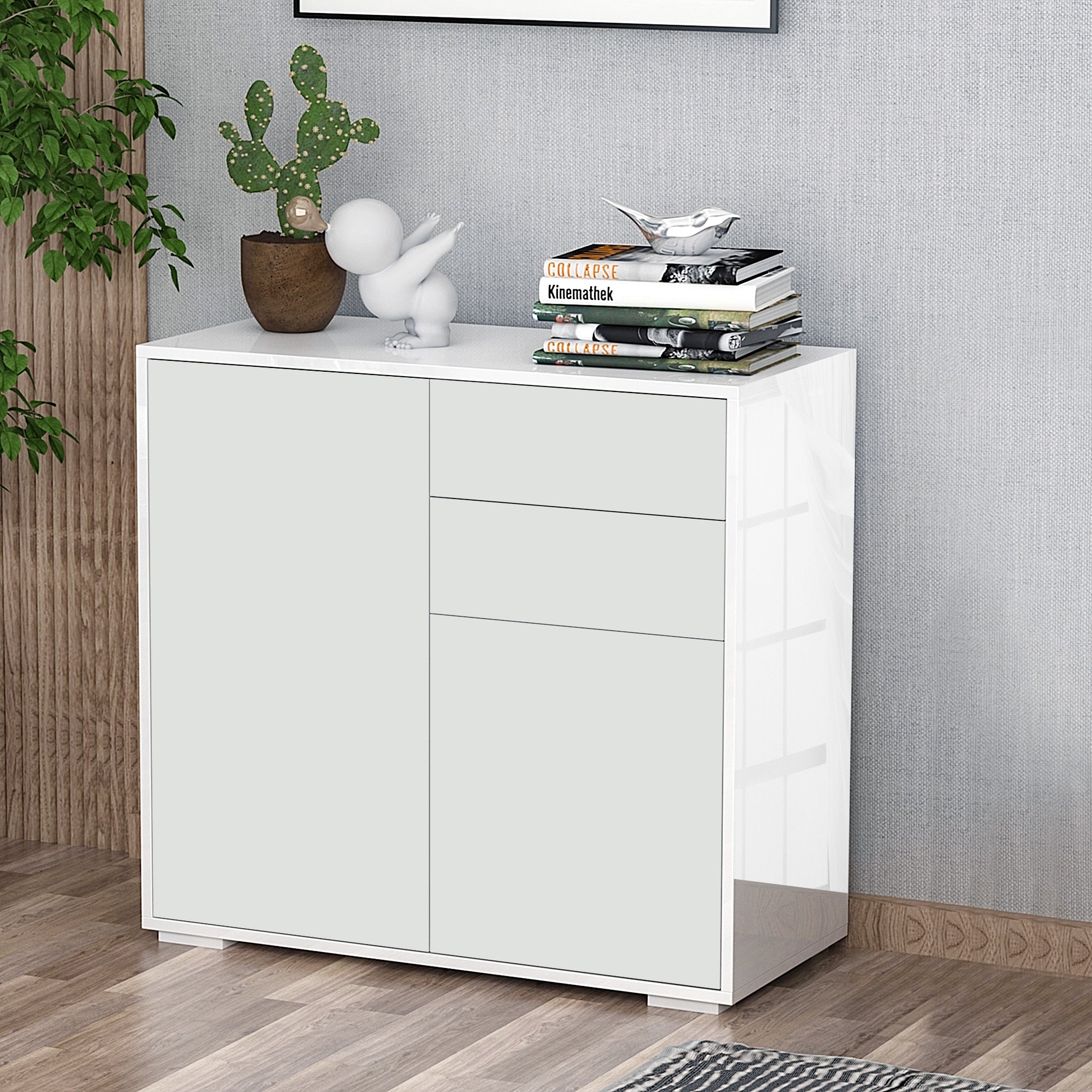 HOMCOM High Gloss Buffet Sideboard with 2 Drawers, 2 Doors and Adjustable Shelf, Kitchen Storage Cabinet with Push Open Design, White