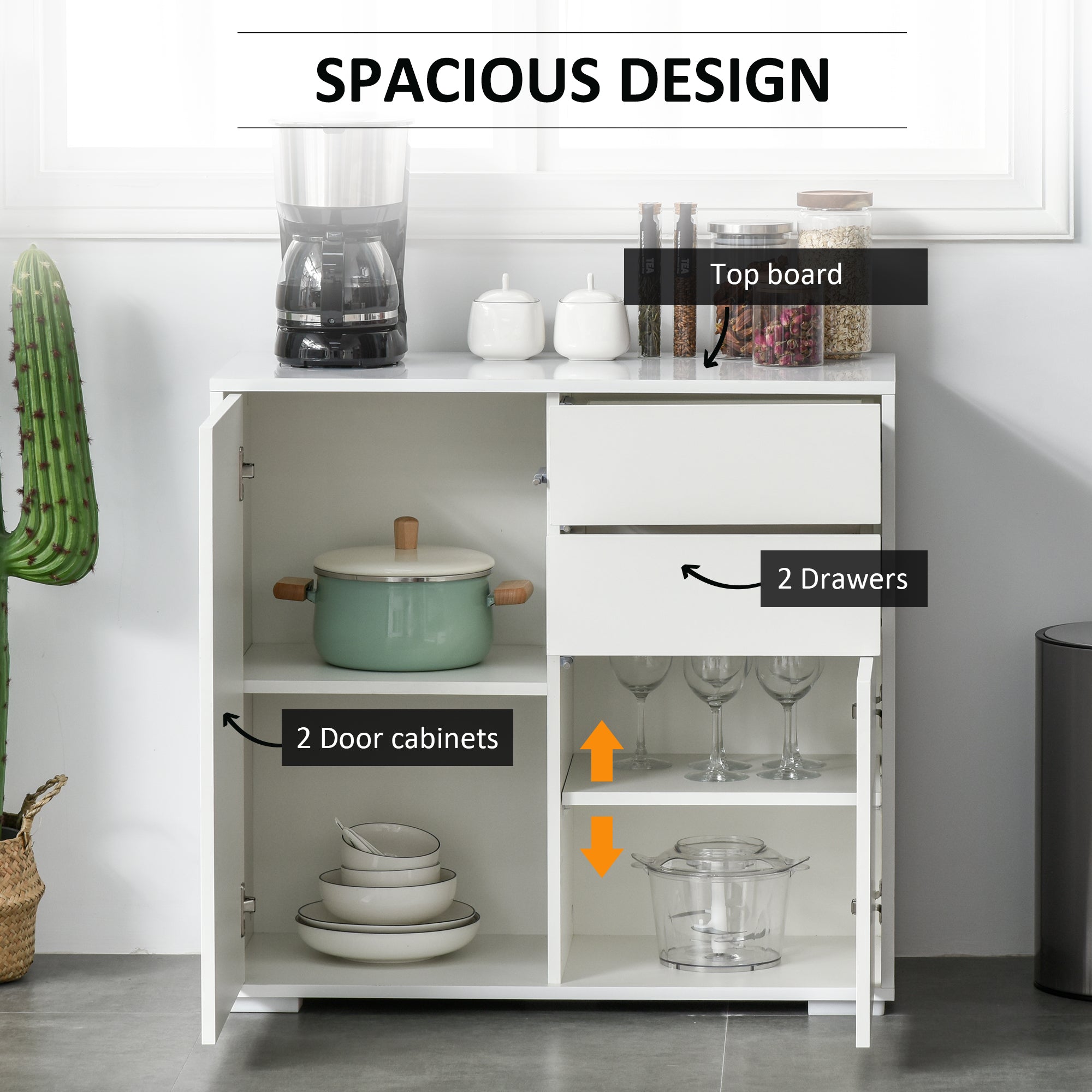 HOMCOM High Gloss Buffet Sideboard with 2 Drawers, 2 Doors and Adjustable Shelf, Kitchen Storage Cabinet with Push Open Design, White