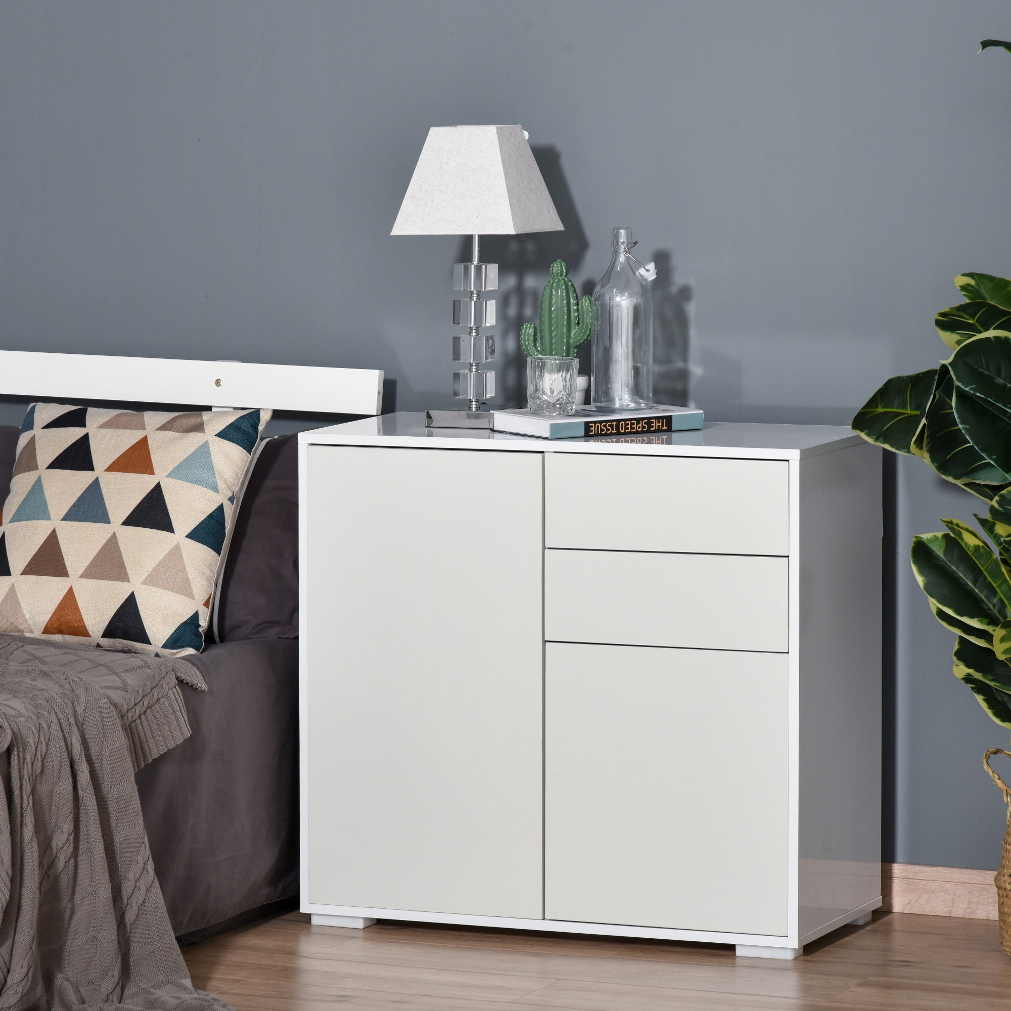 HOMCOM High Gloss Buffet Sideboard with 2 Drawers, 2 Doors and Adjustable Shelf, Kitchen Storage Cabinet with Push Open Design, White