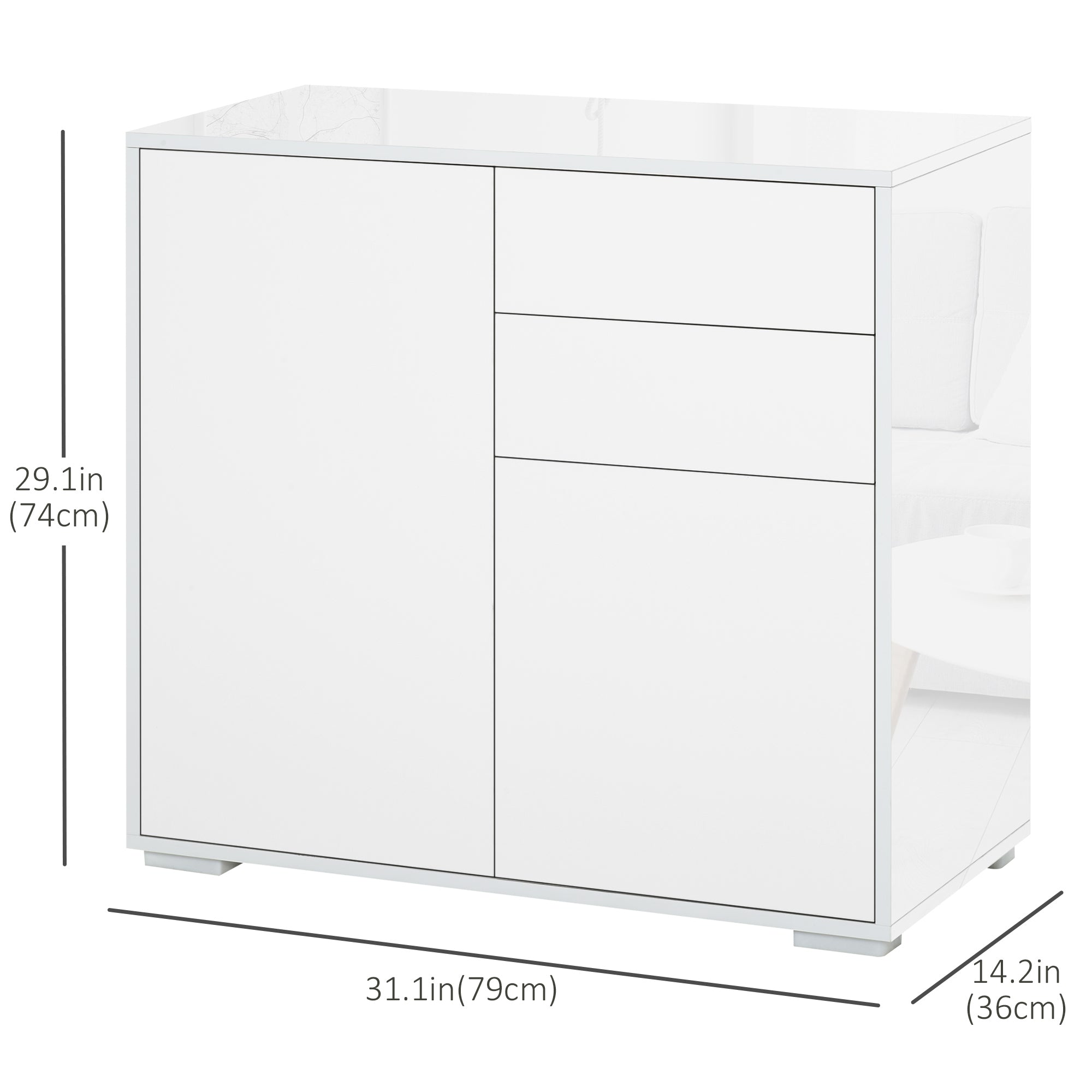 HOMCOM High Gloss Buffet Sideboard with 2 Drawers, 2 Doors and Adjustable Shelf, Kitchen Storage Cabinet with Push Open Design, White