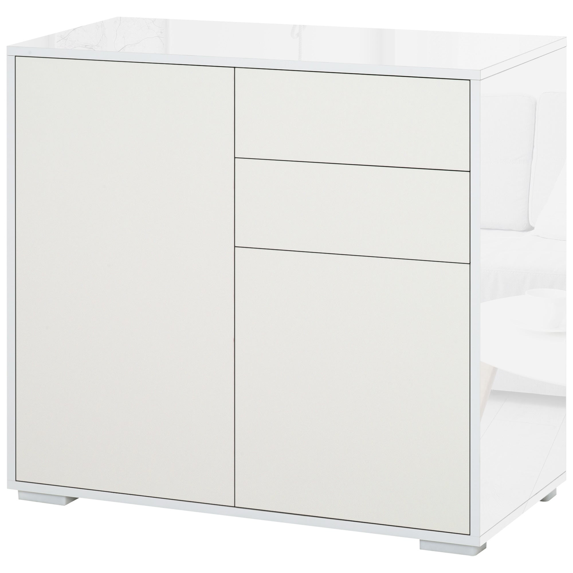 HOMCOM High Gloss Buffet Sideboard with 2 Drawers, 2 Doors and Adjustable Shelf, Kitchen Storage Cabinet with Push Open Design, White