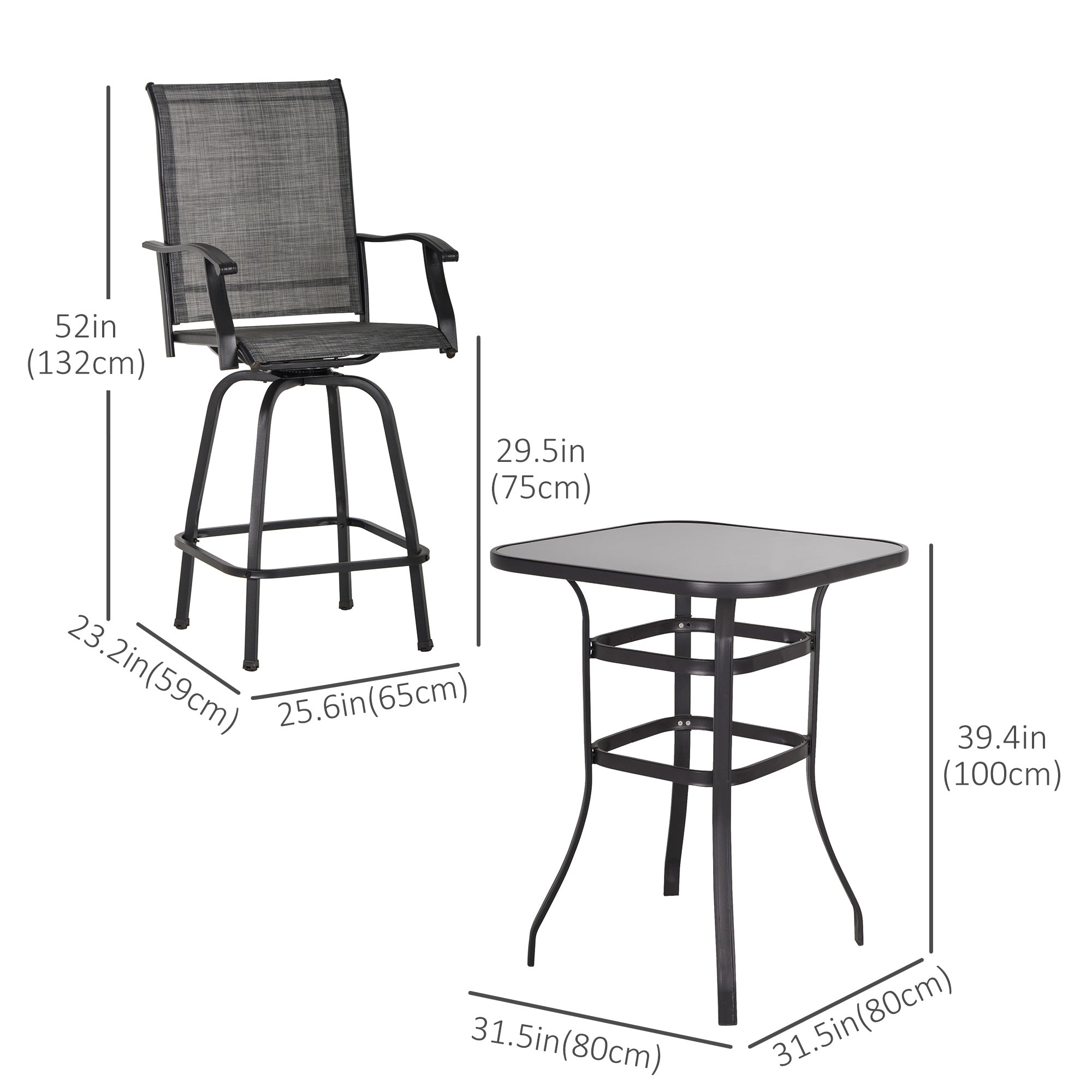 Outsunny 3 Piece Outdoor Patio Bar Set, 2 Swivel Stool and 1 Bar Table, All-Weather, Metal Frame for Balcony, Backyard, Deck, Grey