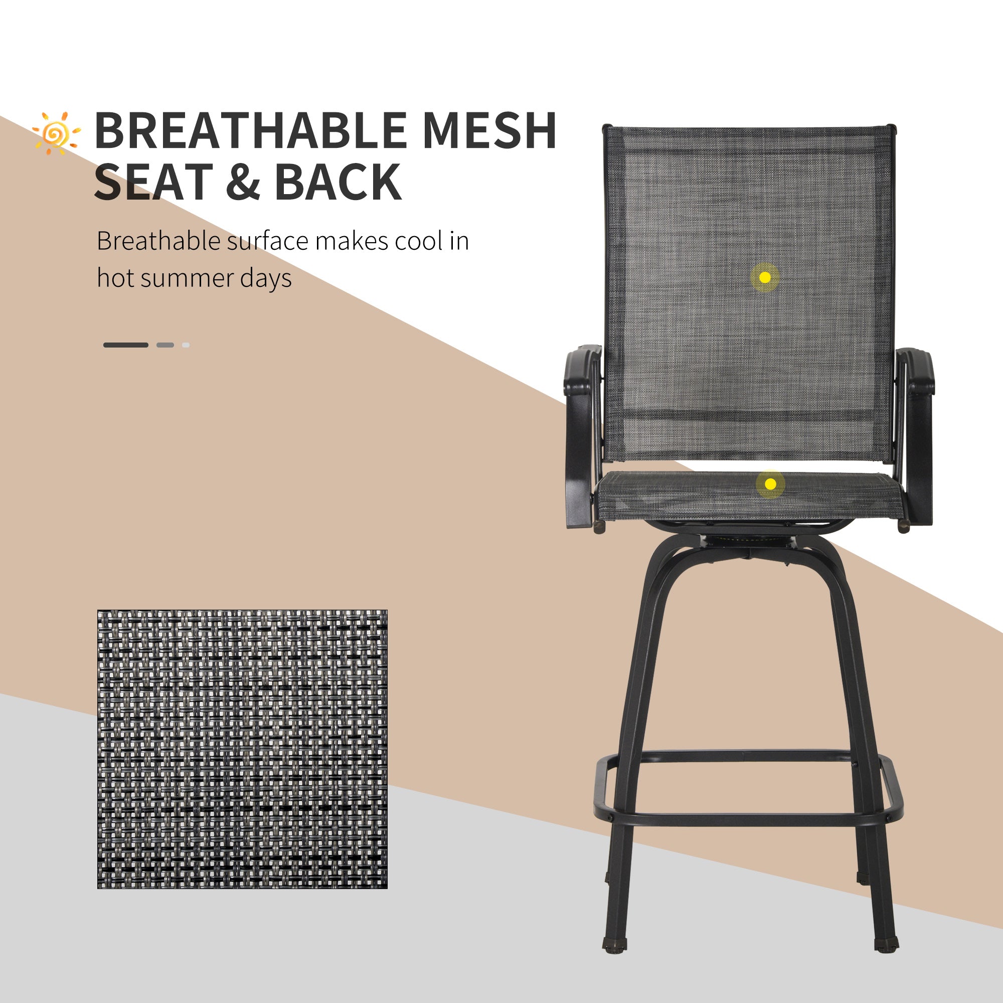 Outsunny 3 Piece Outdoor Patio Bar Set, 2 Swivel Stool and 1 Bar Table, All-Weather, Metal Frame for Balcony, Backyard, Deck, Grey