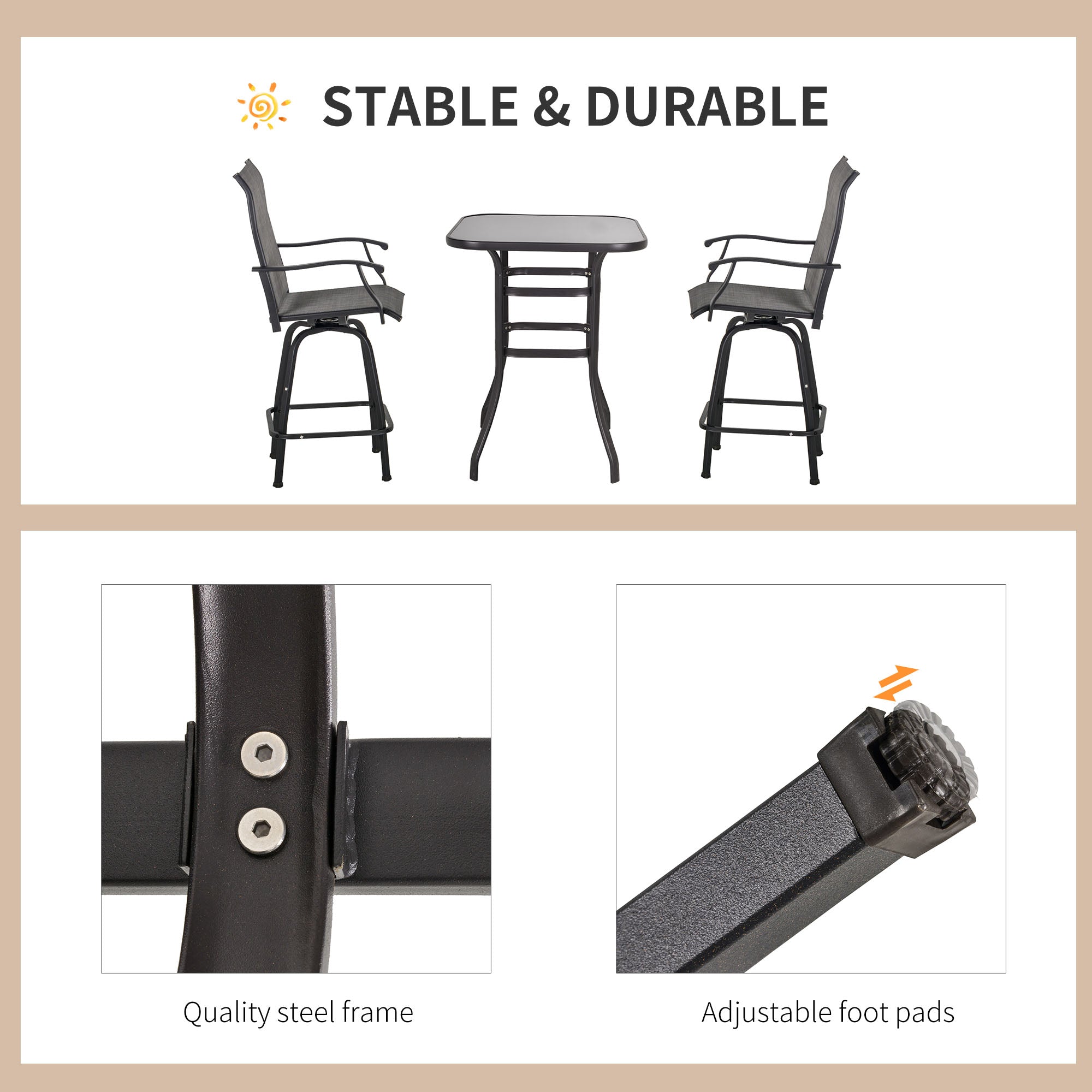 Outsunny 3 Piece Outdoor Patio Bar Set, 2 Swivel Stool and 1 Bar Table, All-Weather, Metal Frame for Balcony, Backyard, Deck, Grey