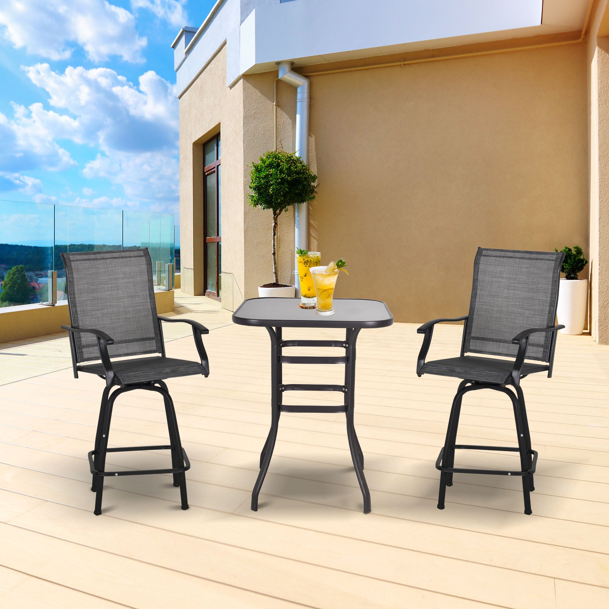 Outsunny 3 Piece Outdoor Patio Bar Set, 2 Swivel Stool and 1 Bar Table, All-Weather, Metal Frame for Balcony, Backyard, Deck, Grey