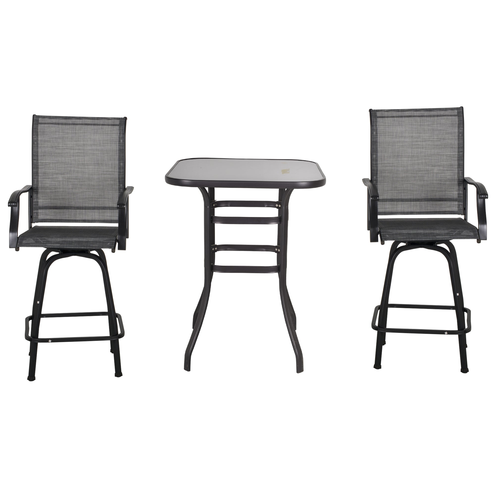 Outsunny 3 Piece Outdoor Patio Bar Set, 2 Swivel Stool and 1 Bar Table, All-Weather, Metal Frame for Balcony, Backyard, Deck, Grey