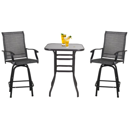 Outsunny 3 Piece Outdoor Patio Bar Set, 2 Swivel Stool and 1 Bar Table, All-Weather, Metal Frame for Balcony, Backyard, Deck, Grey
