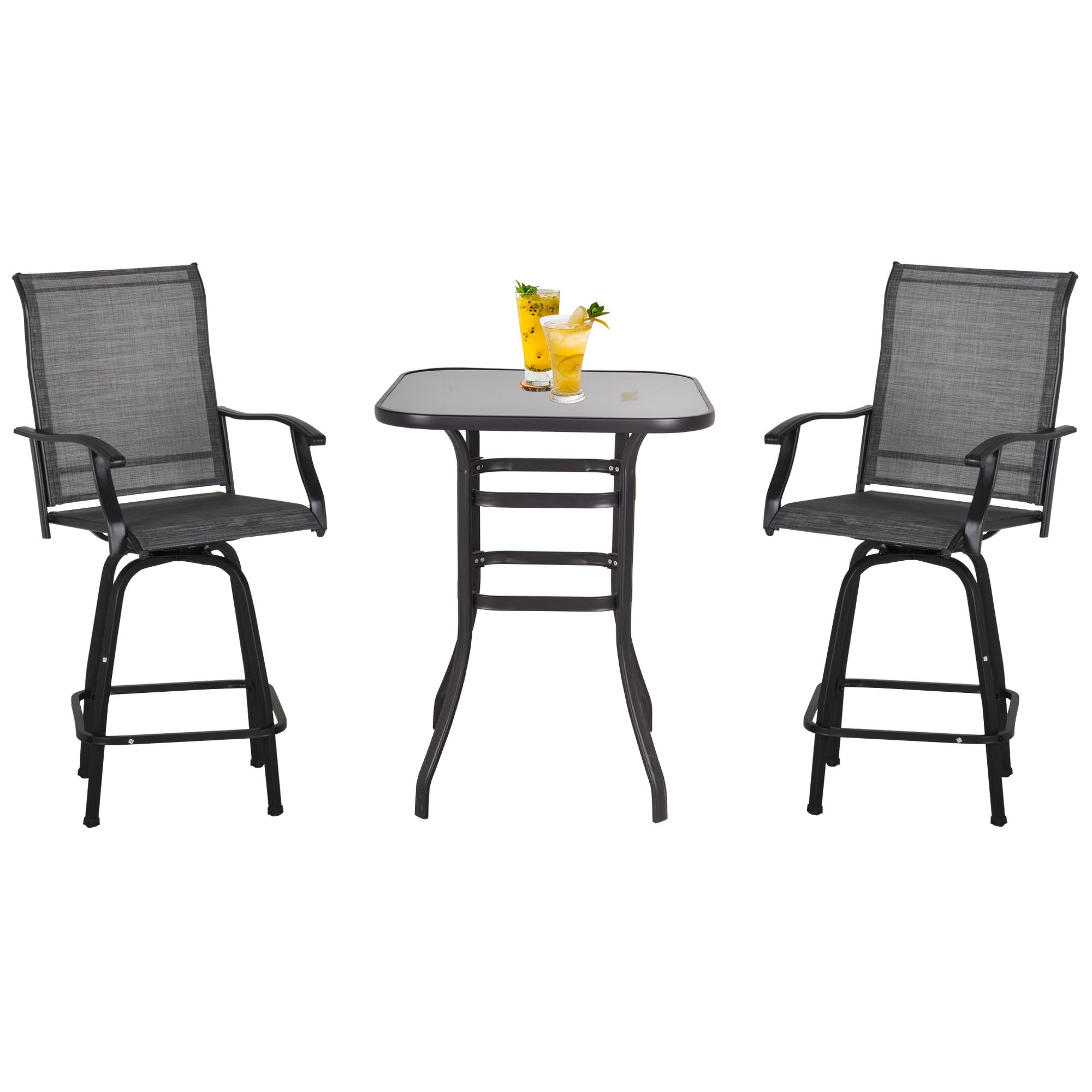 Outsunny 3 Piece Outdoor Patio Bar Set, 2 Swivel Stool and 1 Bar Table, All-Weather, Metal Frame for Balcony, Backyard, Deck, Grey