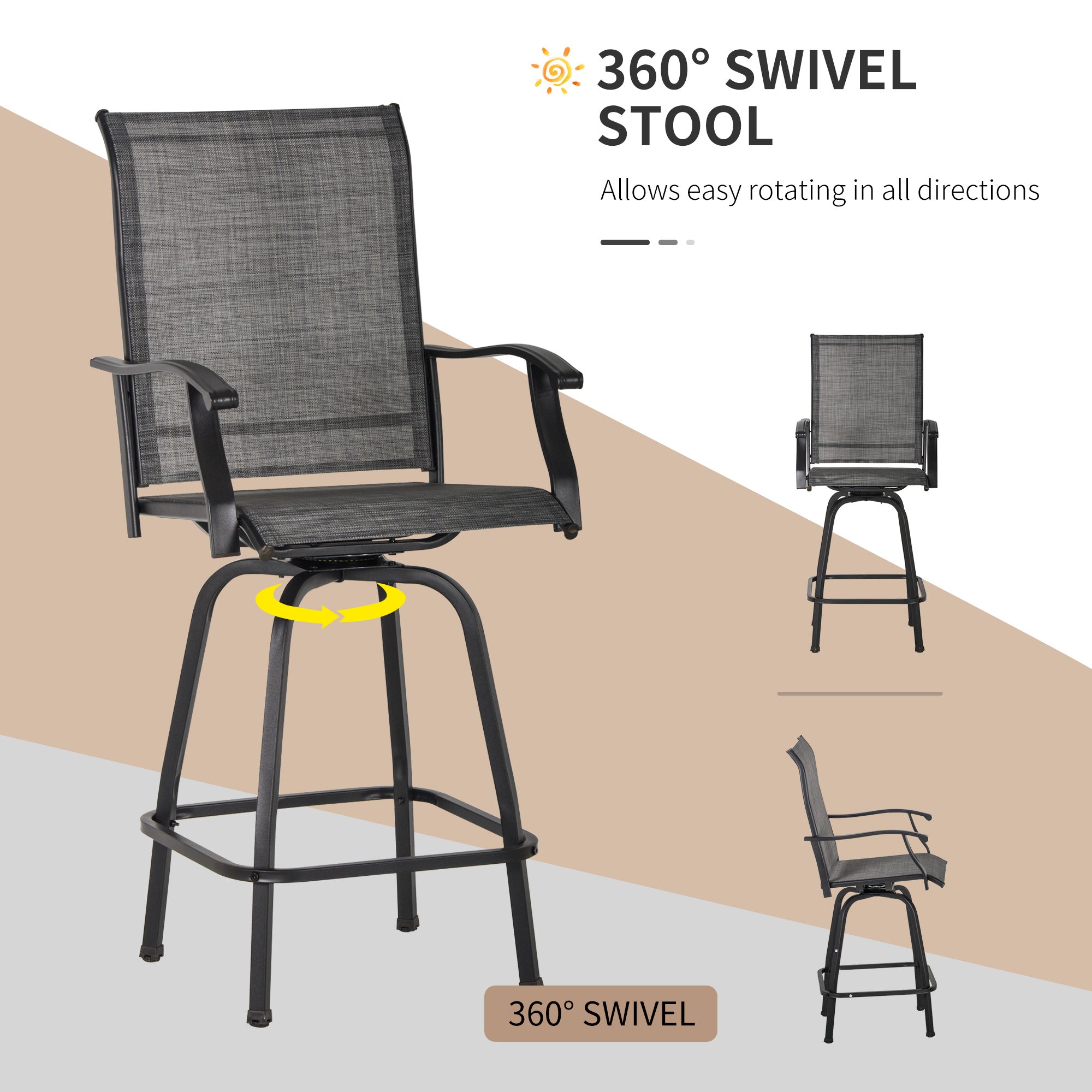 Outsunny 3 Piece Outdoor Patio Bar Set, 2 Swivel Stool and 1 Bar Table, All-Weather, Metal Frame for Balcony, Backyard, Deck, Grey