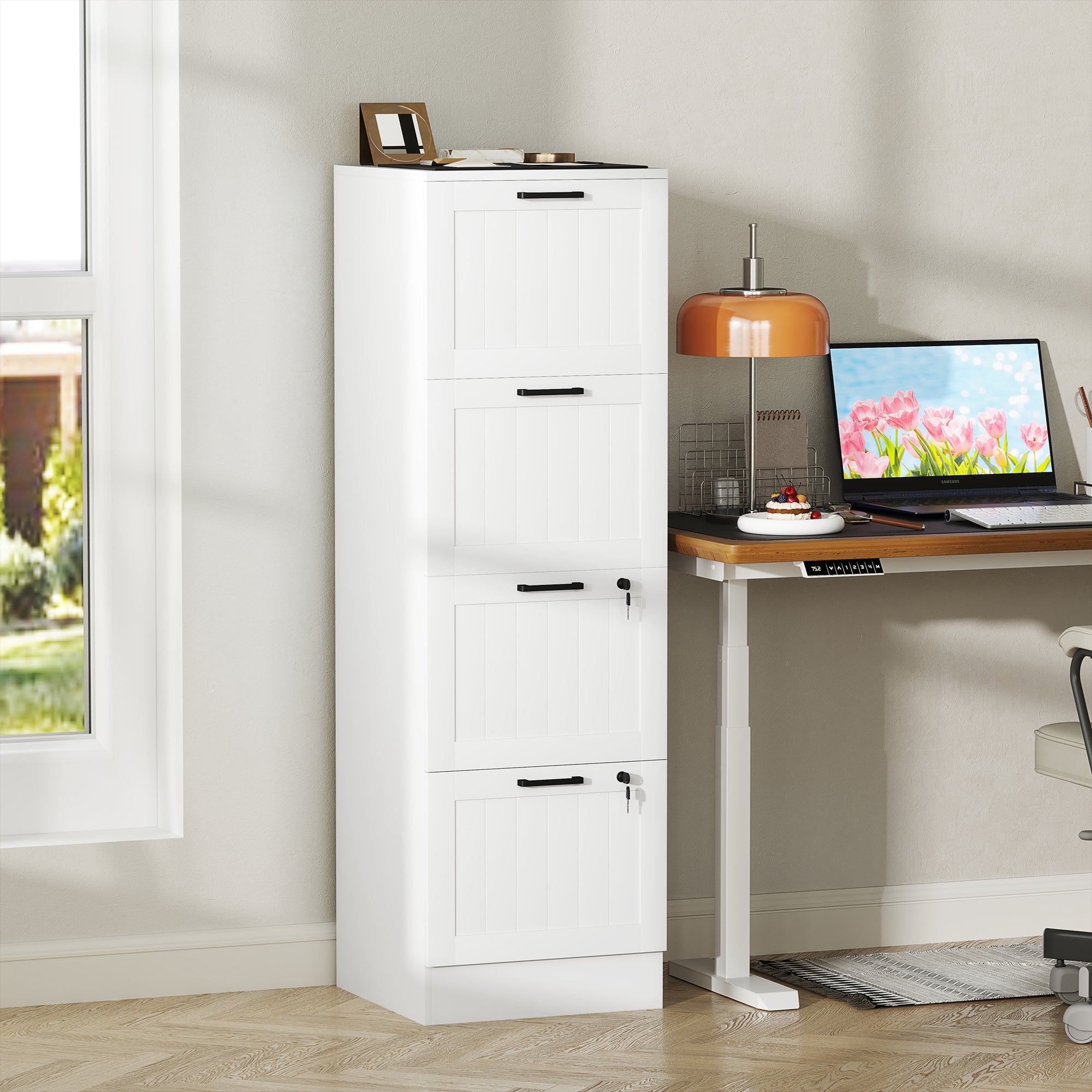 HOMCOM 4 Drawer File Cabinet with Lock, Vertical Filing Cabinet with Adjustable Hanging Bars for A4 and Letter Size File Folders, Printer Stand with Storage, White