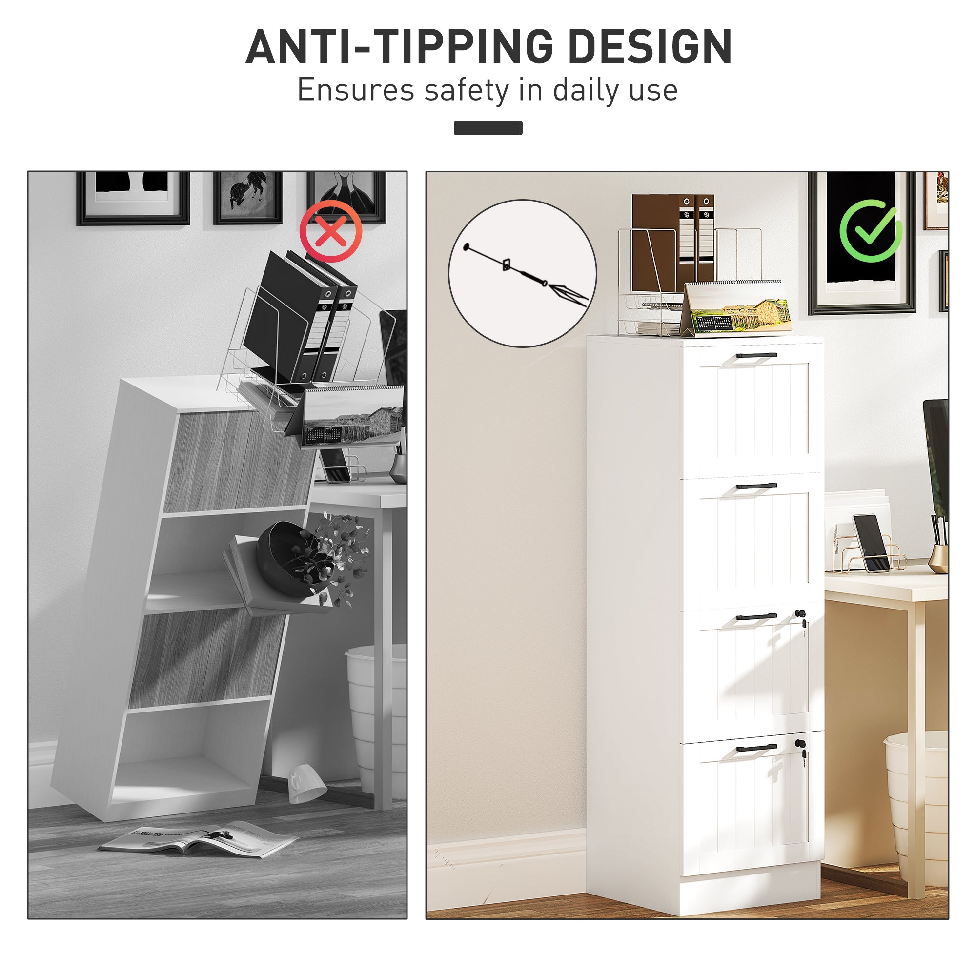 HOMCOM 4 Drawer File Cabinet with Lock, Vertical Filing Cabinet with Adjustable Hanging Bars for A4 and Letter Size File Folders, Printer Stand with Storage, White