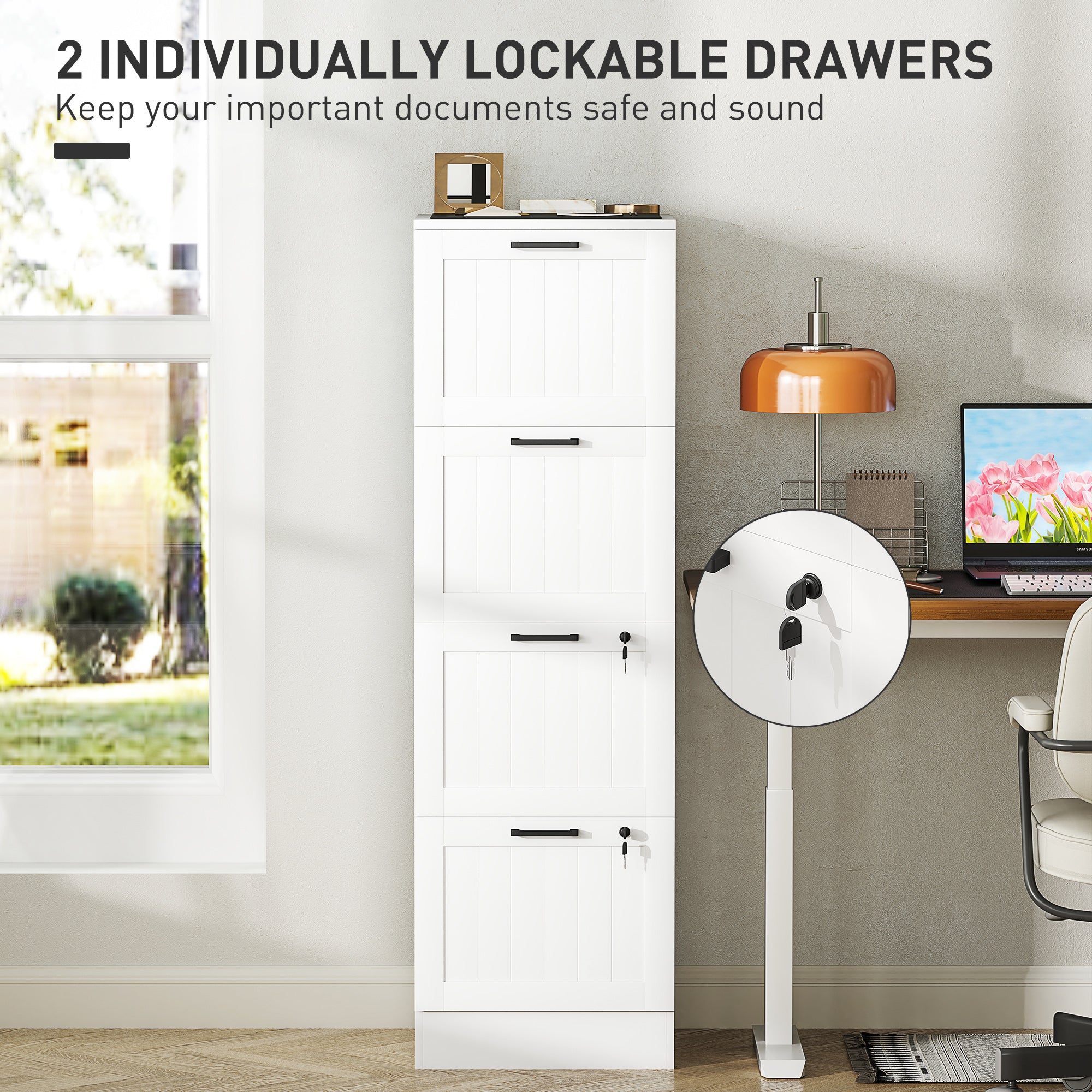 HOMCOM 4 Drawer File Cabinet with Lock, Vertical Filing Cabinet with Adjustable Hanging Bars for A4 and Letter Size File Folders, Printer Stand with Storage, White