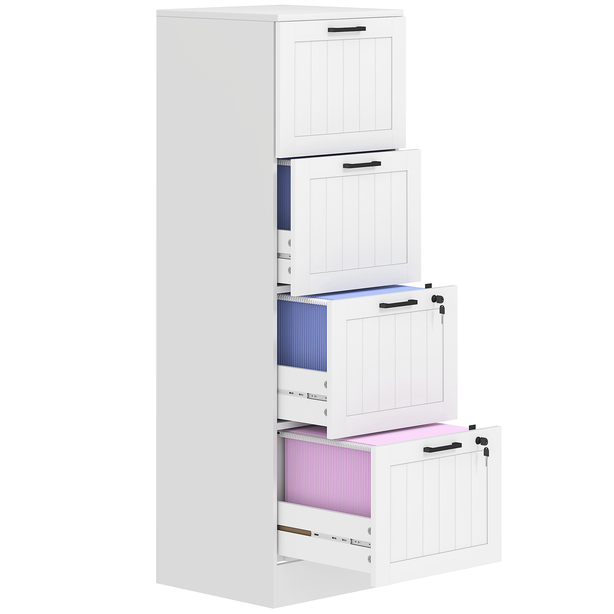 HOMCOM 4 Drawer File Cabinet with Lock, Vertical Filing Cabinet with Adjustable Hanging Bars for A4 and Letter Size File Folders, Printer Stand with Storage, White