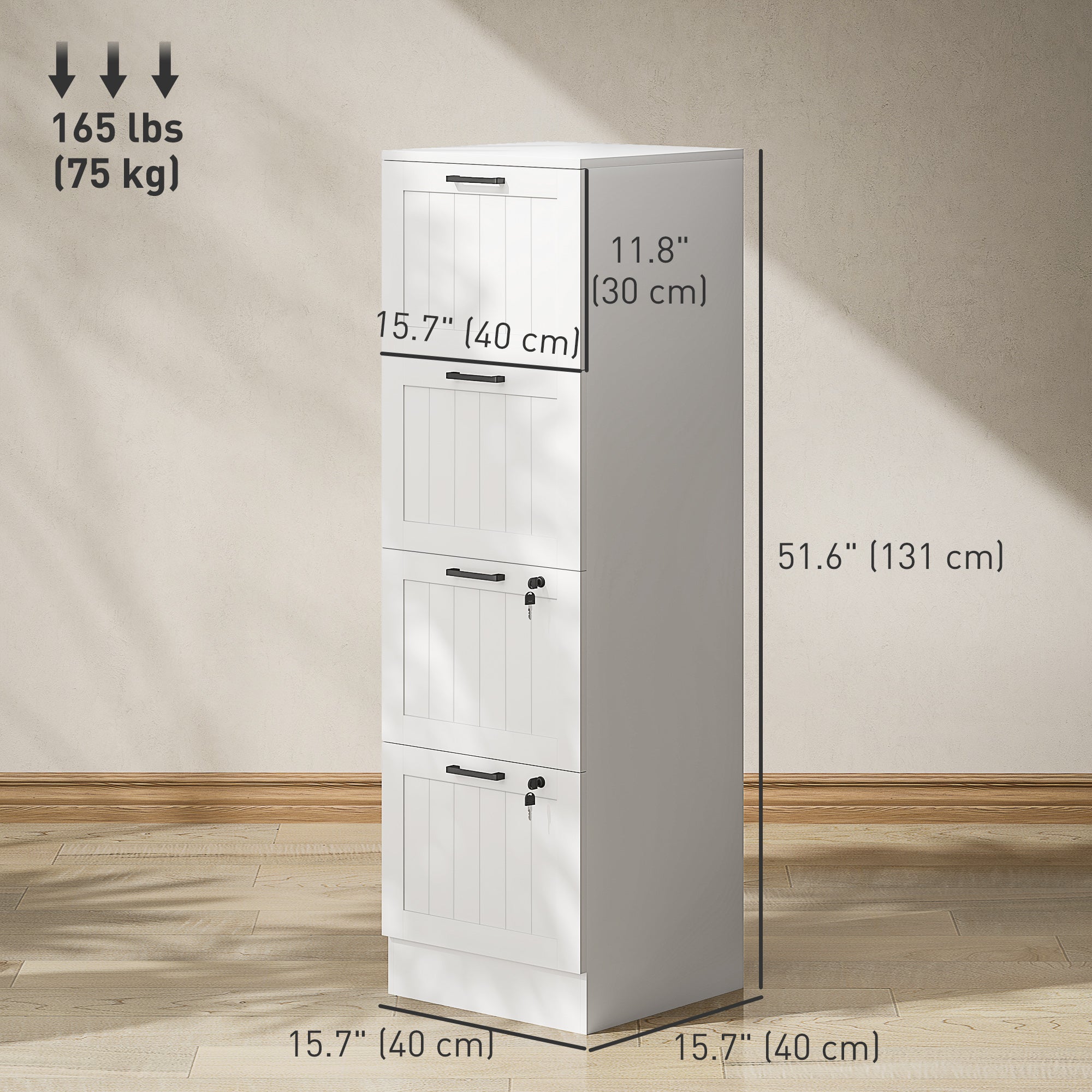 HOMCOM 4 Drawer File Cabinet with Lock, Vertical Filing Cabinet with Adjustable Hanging Bars for A4 and Letter Size File Folders, Printer Stand with Storage, White