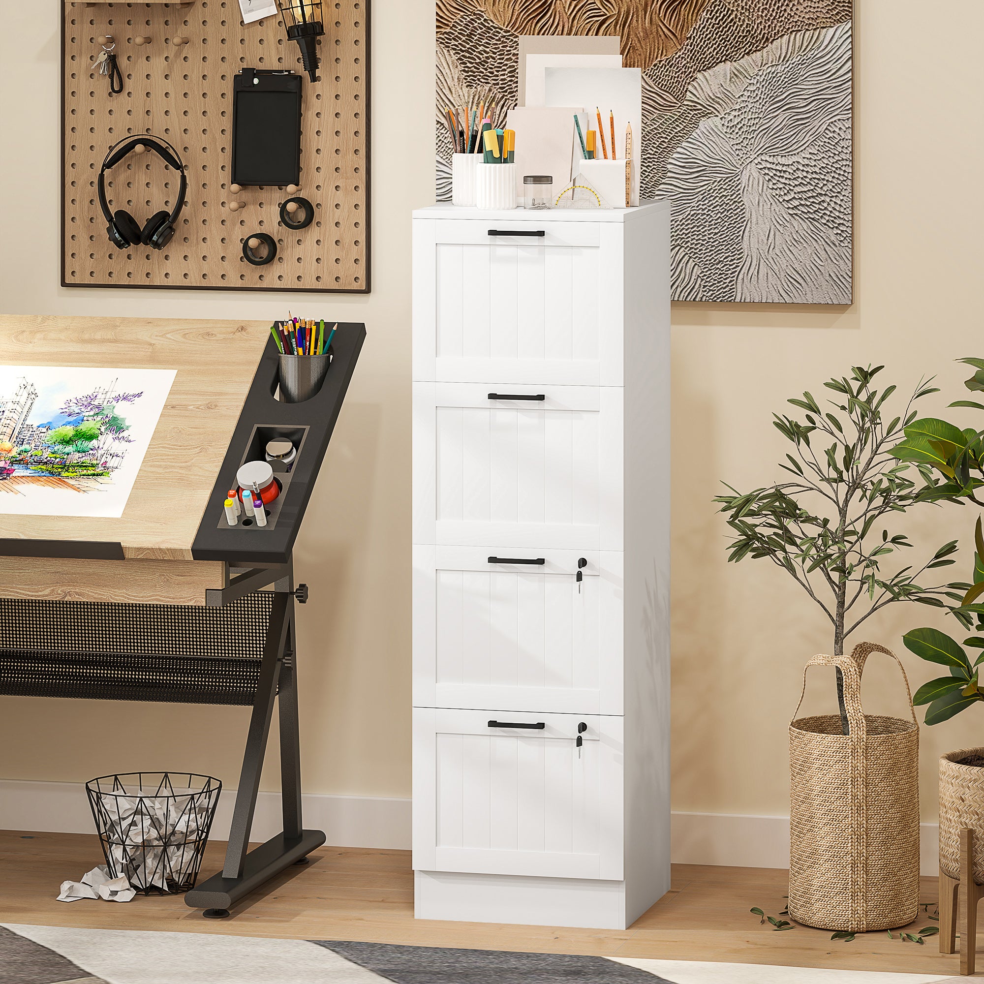 HOMCOM 4 Drawer File Cabinet with Lock, Vertical Filing Cabinet with Adjustable Hanging Bars for A4 and Letter Size File Folders, Printer Stand with Storage, White